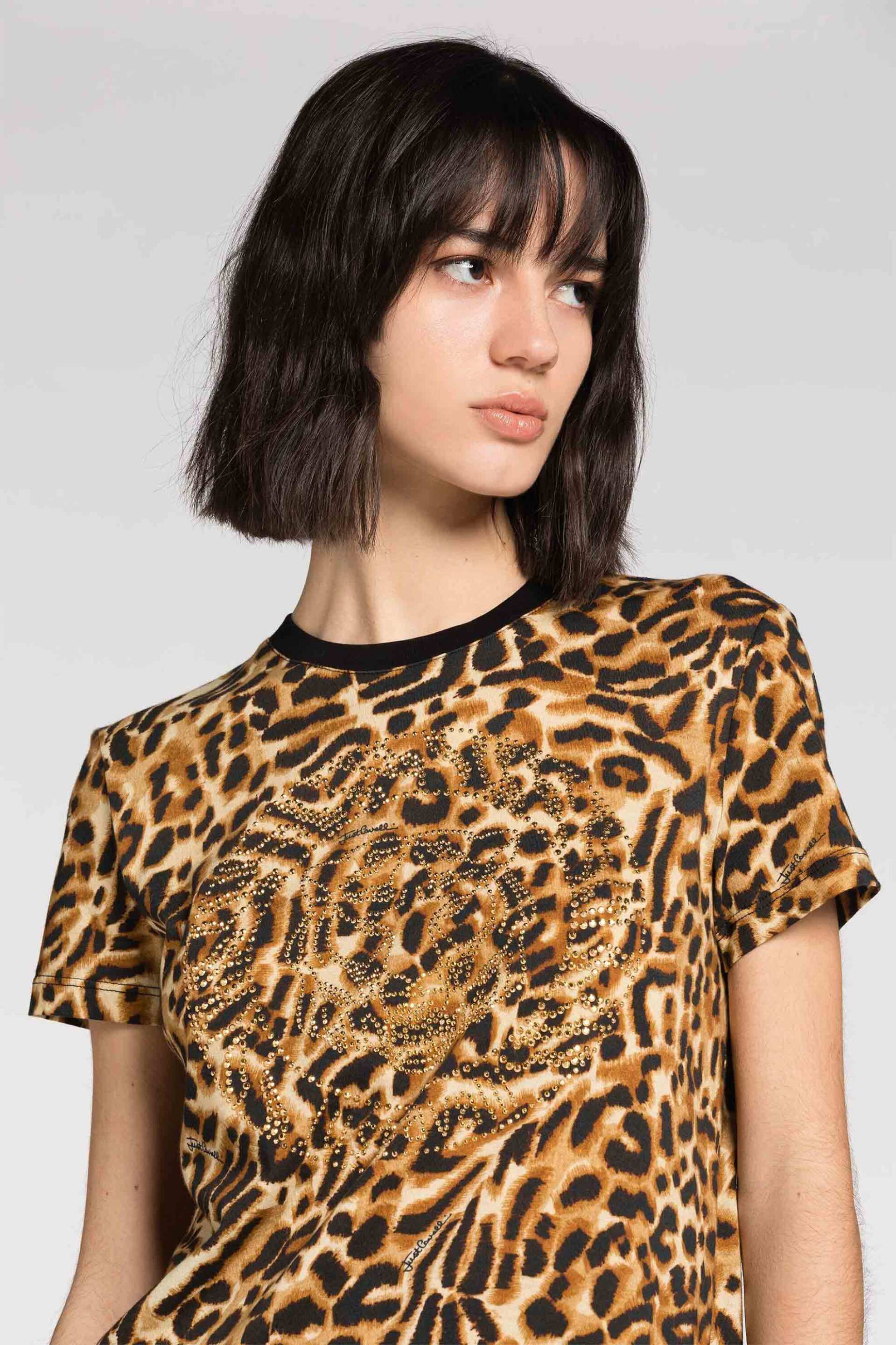 Just Cavalli γυναικείο mini βαμβακερό φόρεμα με all-over ocelot print και σχέδιο με rhinestones - 74PBO9B5JS194 Καφέ