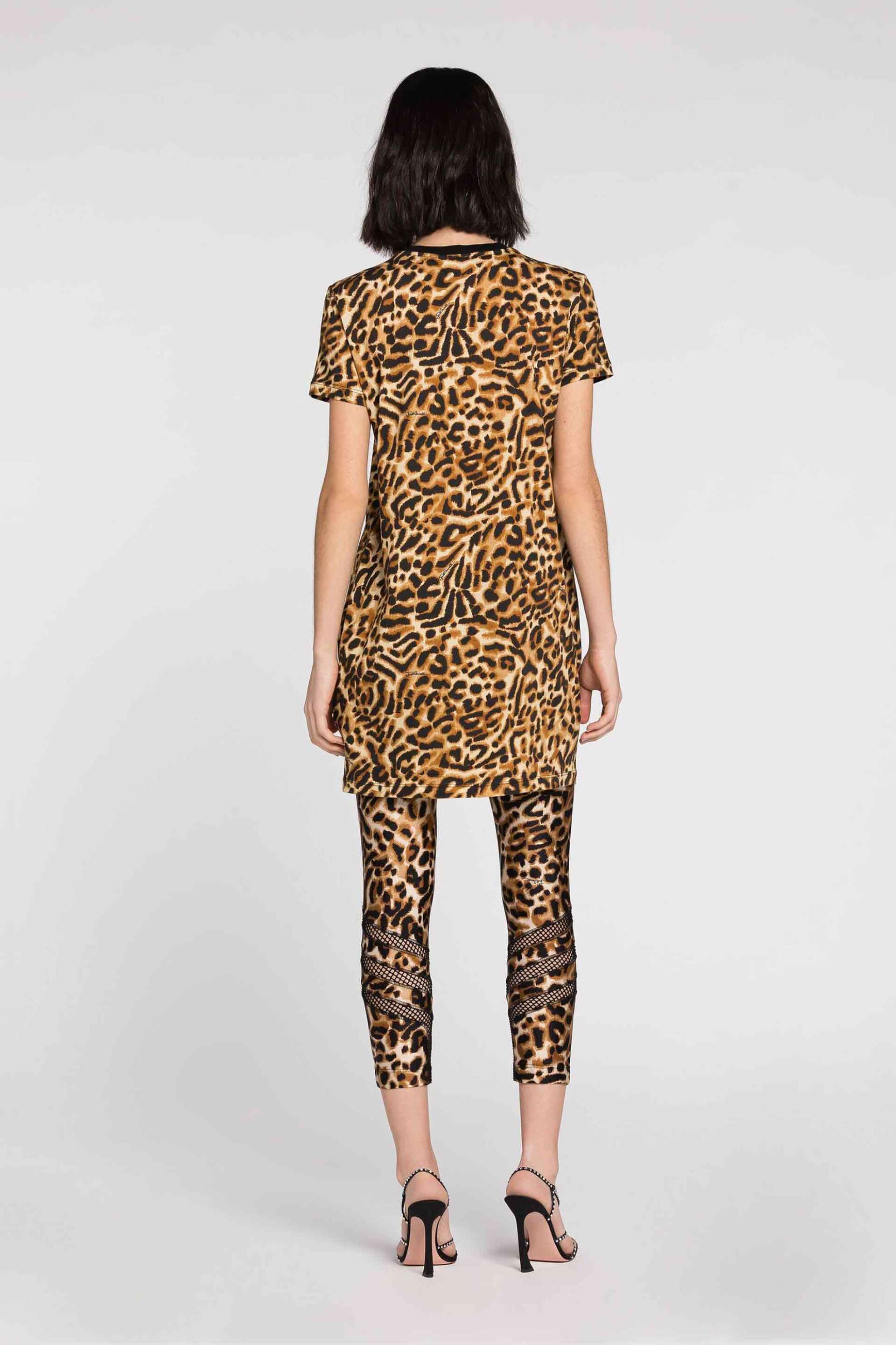 JUST CAVALLI Just Cavalli γυναικείο mini βαμβακερό φόρεμα με all-over ocelot print και σχέδιο με rhinestones - 74PBO9B5JS194 Καφέ - 3