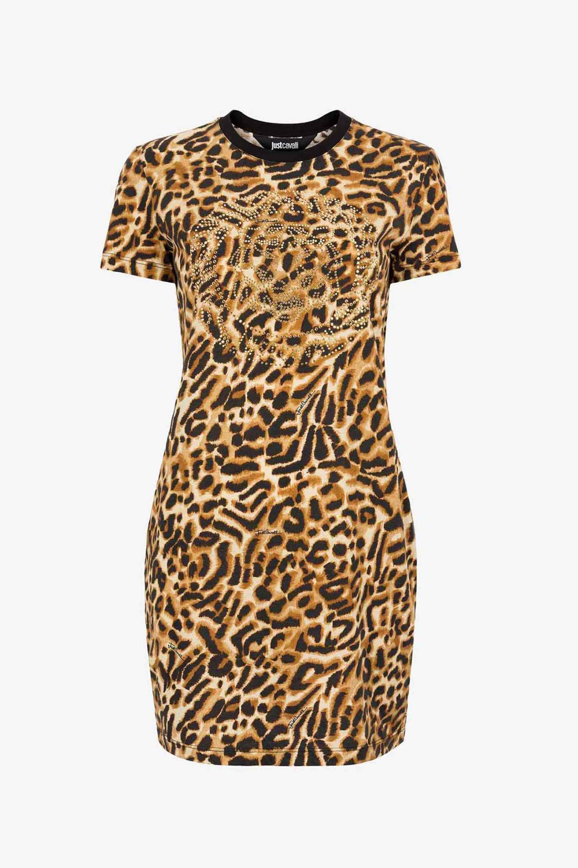 JUST CAVALLI Just Cavalli γυναικείο mini βαμβακερό φόρεμα με all-over ocelot print και σχέδιο με rhinestones - 74PBO9B5JS194 Καφέ - 4