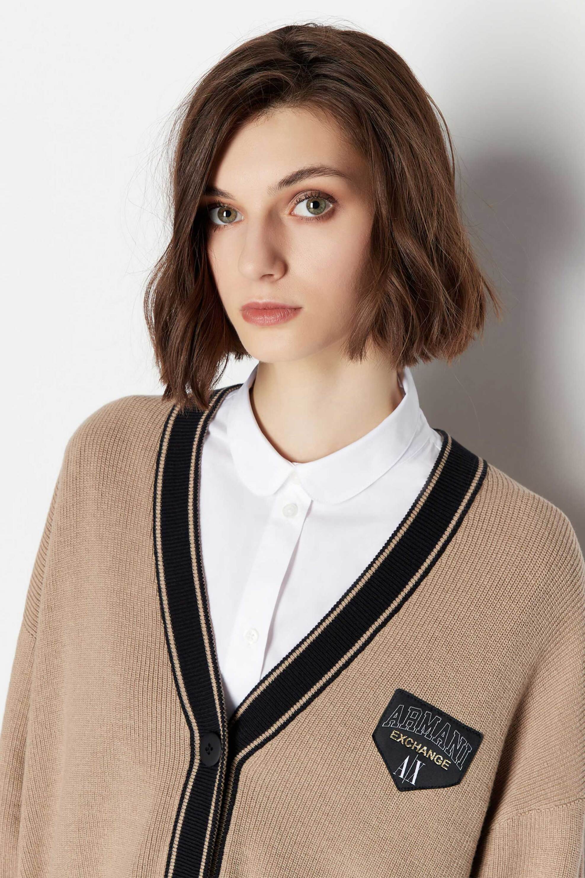 Armani Exchange γυναικεία πλεκτή ζακέτα από μαλλί και βαμβάκι μονόχρωμη με contrast τελειώματα - 6RYE2KYMX3Z Καμηλό φωτογραφία
