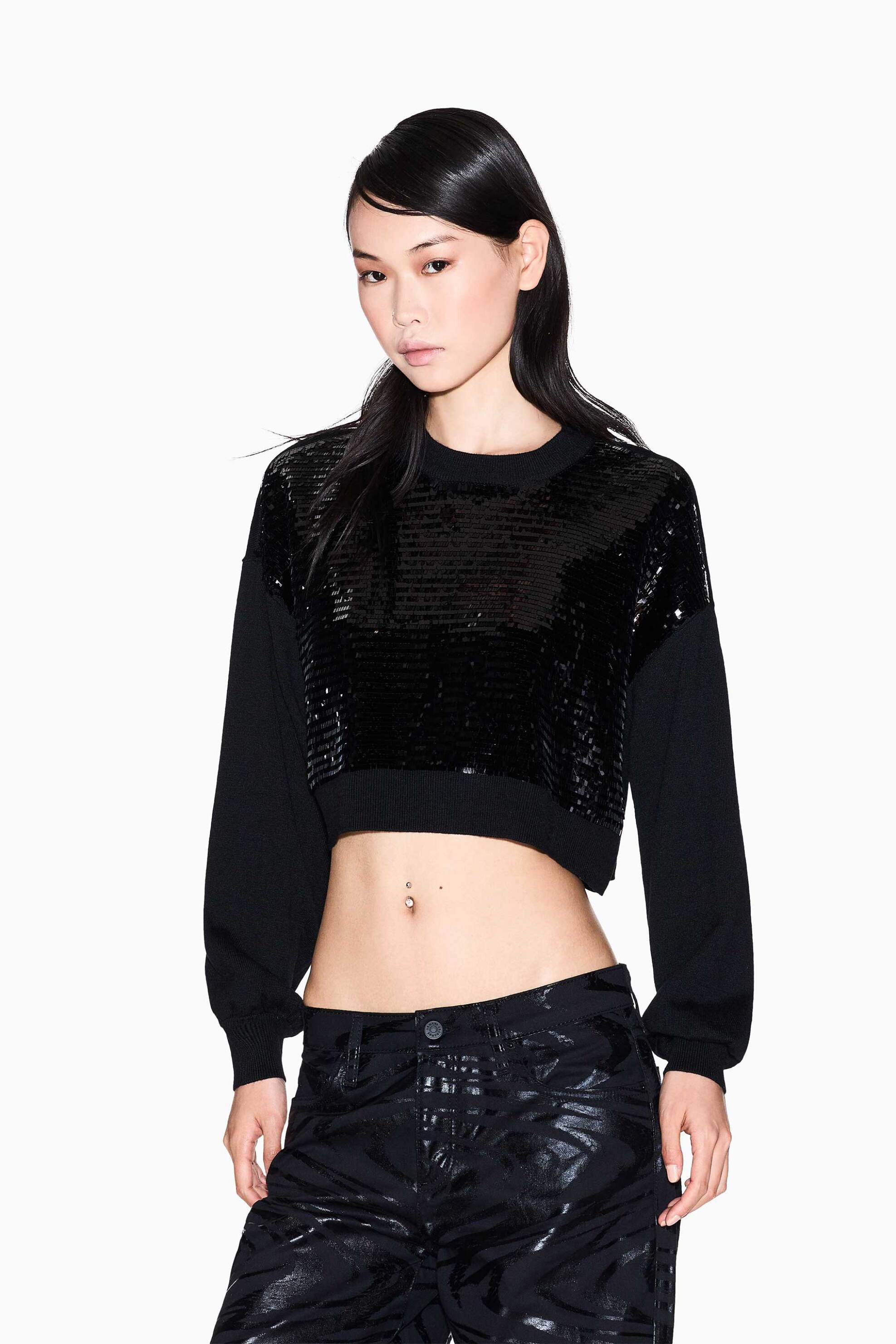 Armani Exchange γυναικείο πουλόβερ cropped με παγιέτες Relaxed Fit