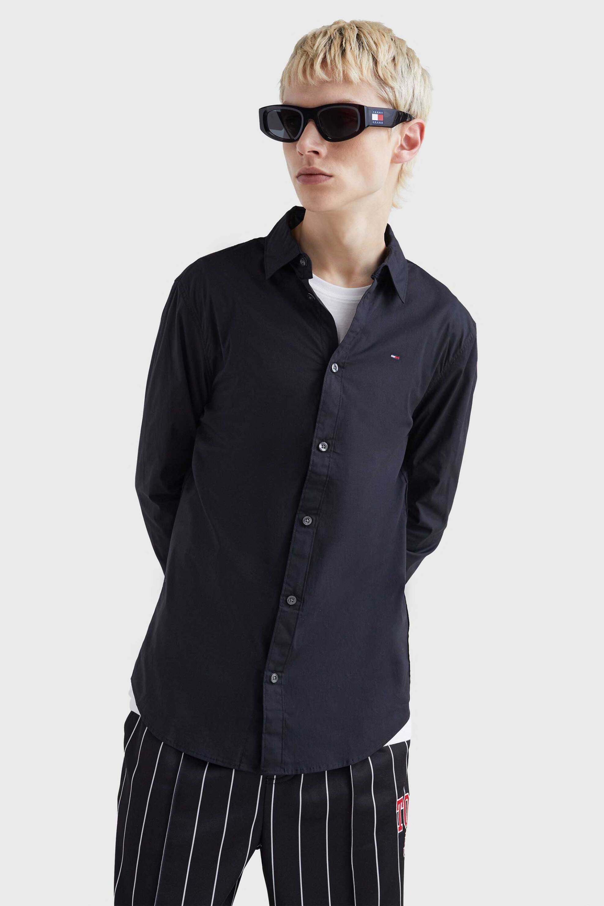 Tommy Jeans ανδρικό πουκάμισο stretch με κεντημένο λογότυπο Slim Fit - DM0DM04405 Μαύρο