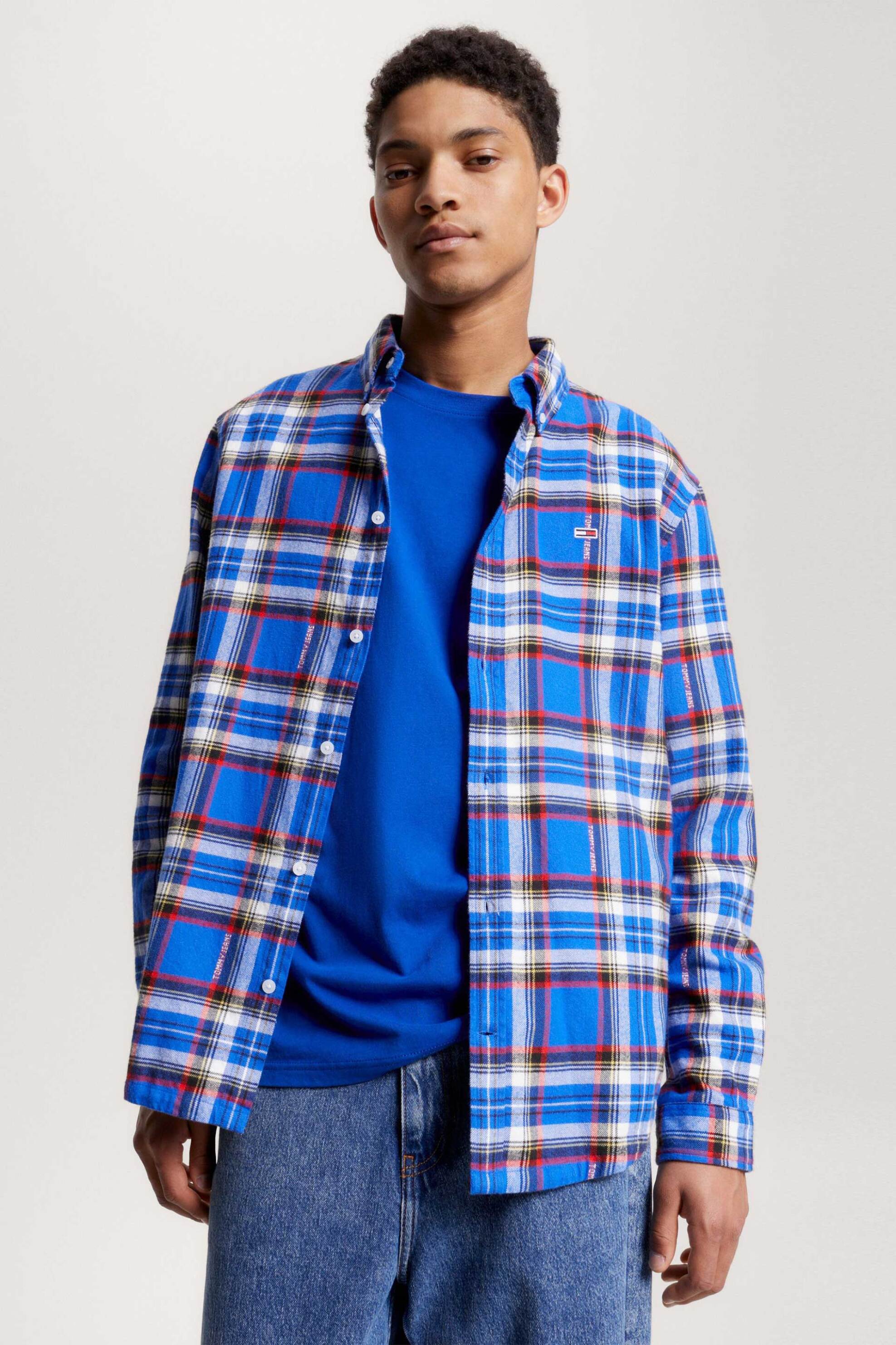 Tommy Jeans ανδρικό πουκάμισο button down με καρό σχέδιο και κεντημένο λογότυπο Oversized Fit - DM0DM17245 Μπλε Ηλεκτρίκ