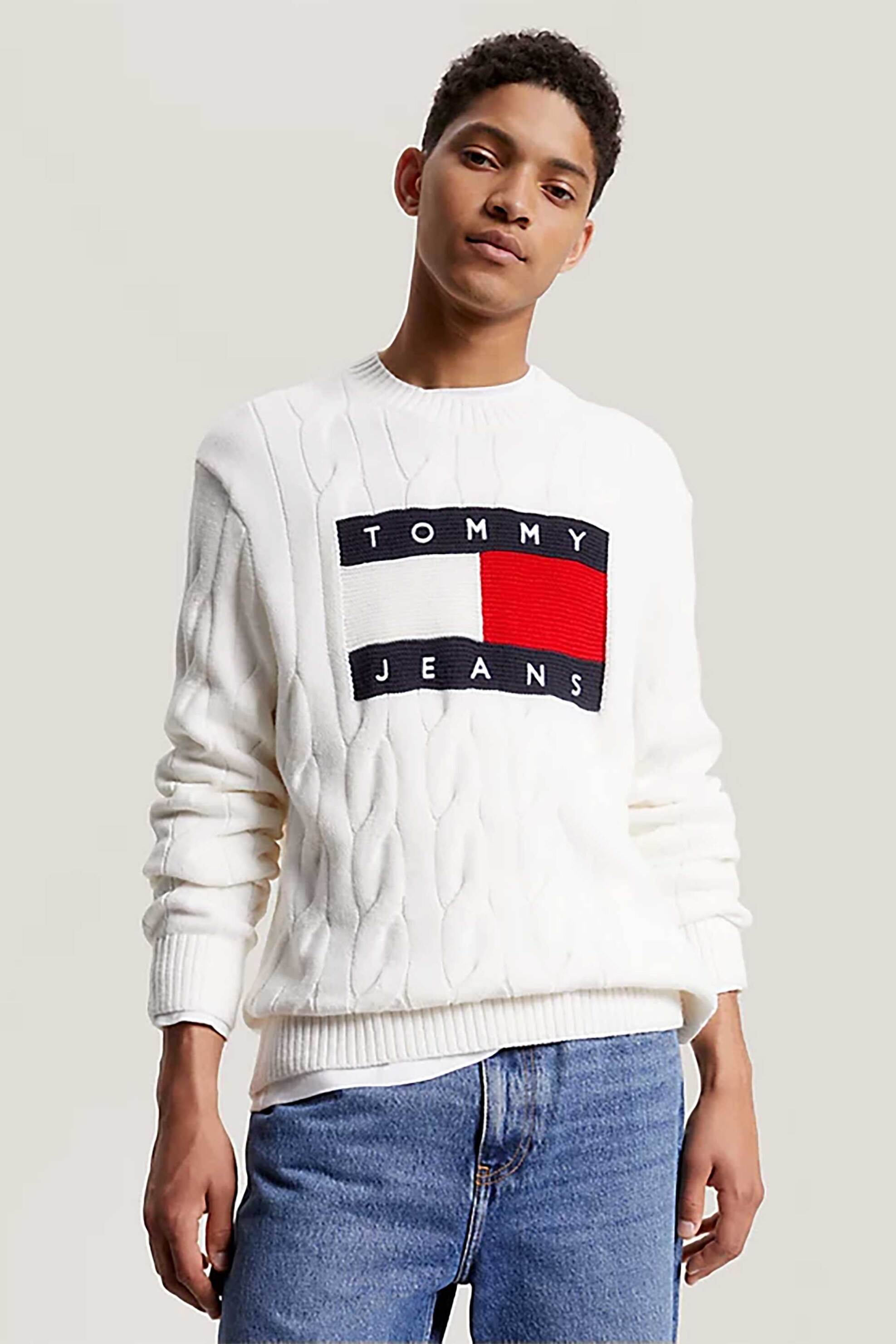 Tommy Jeans ανδρικό πουλόβερ με σχέδιο στην πλέξη και λογότυπο Relaxed Fit - DM0DM17762 Λευκό