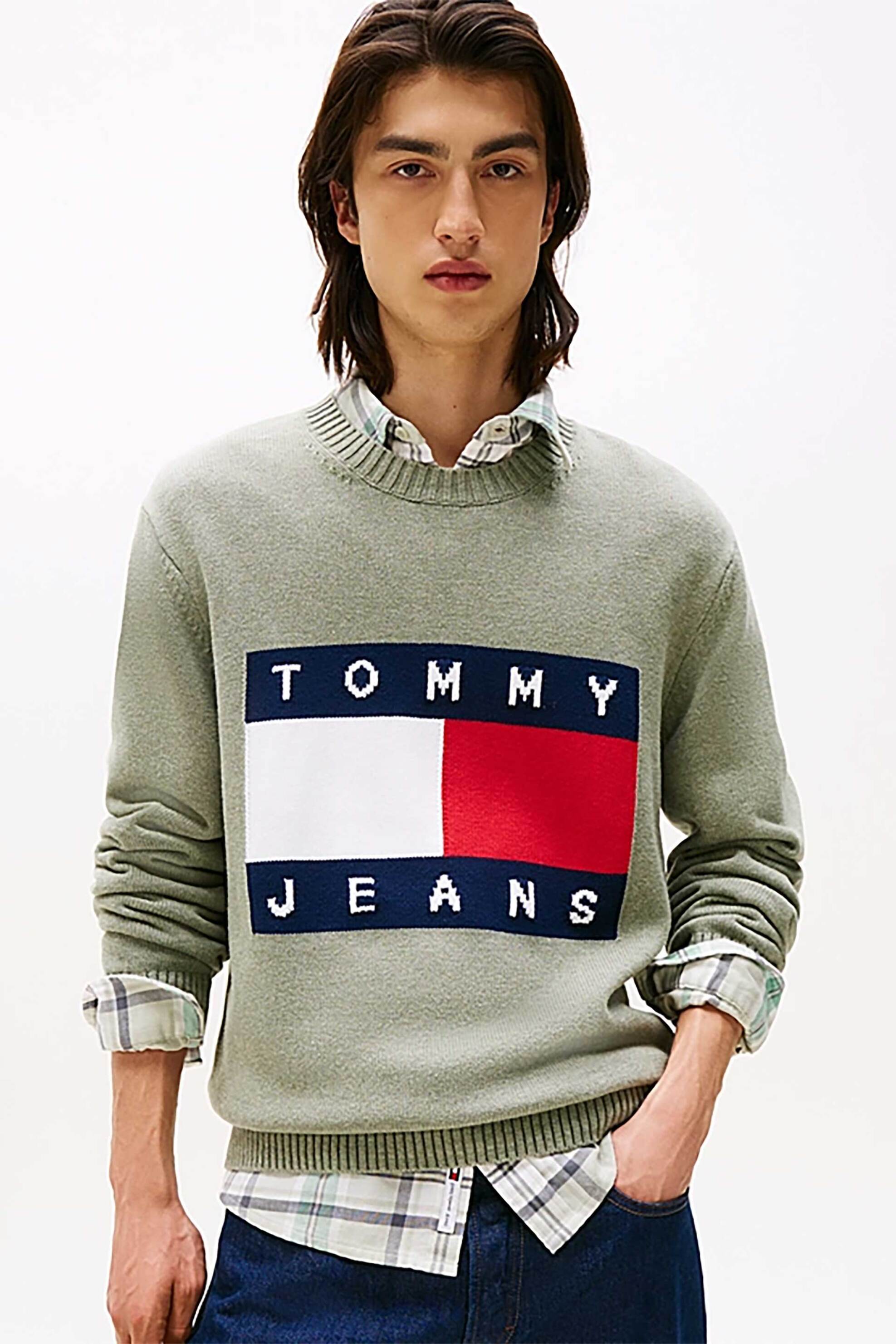 Tommy Jeans ανδρική πλεκτή μπλούζα με logo print Regular Fit - DM0DM22105 Λαδί