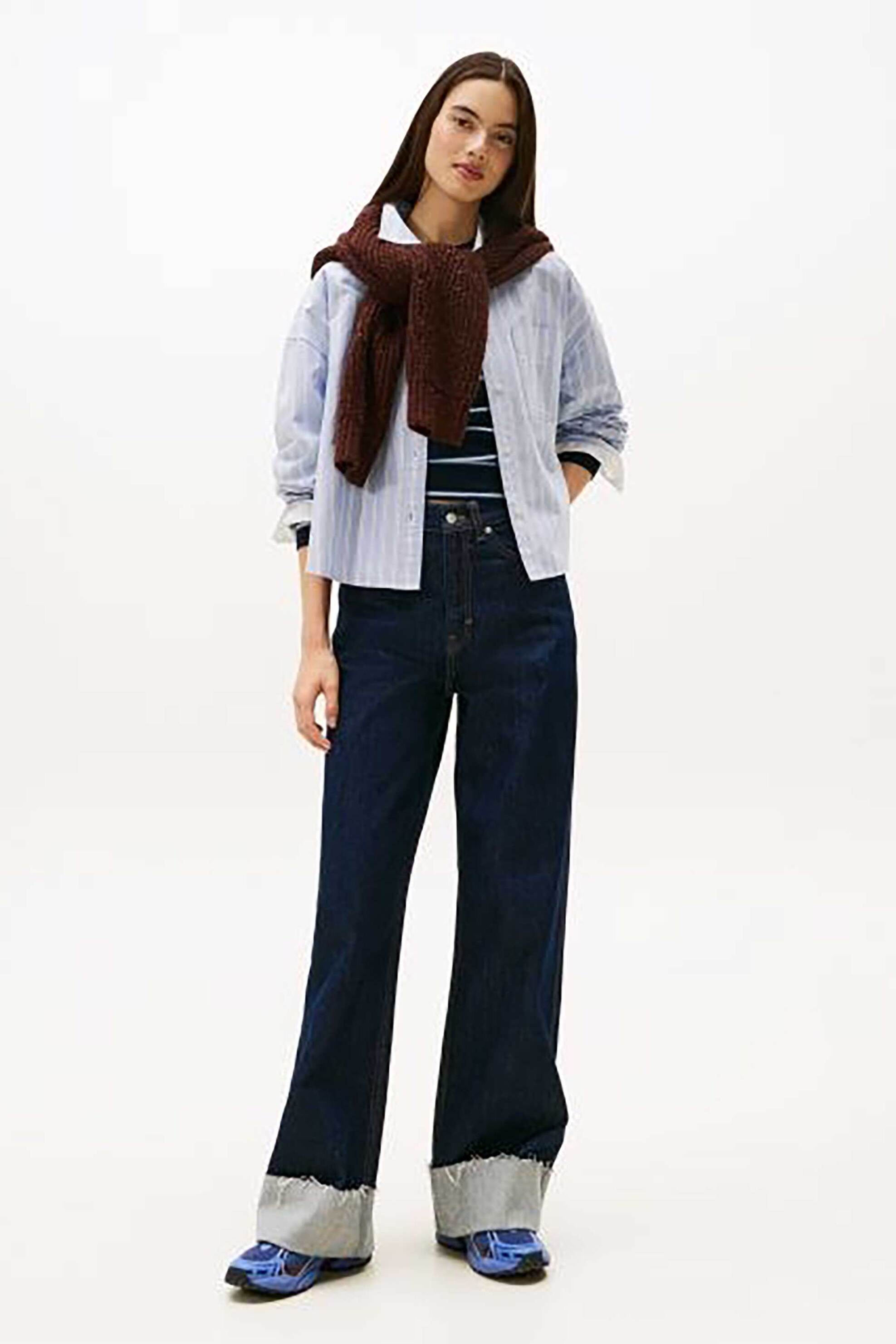 Tommy Jeans γυναικείο πουκάμισο με ριγέ σχέδιο cropped Relaxed Fit - DW0DW21455 Γαλάζιο