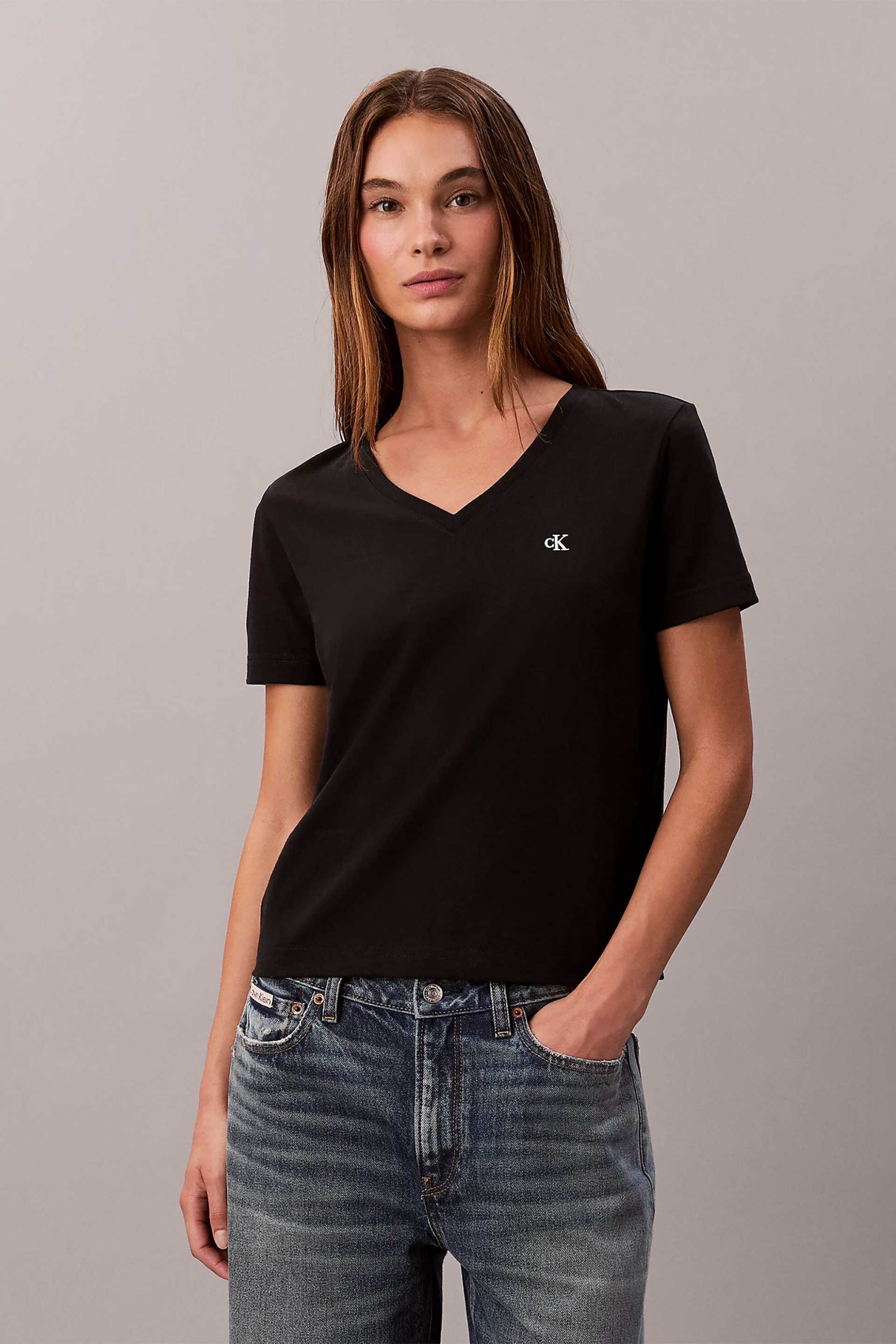 Calvin Klein Jeans γυναικείο T-shirt με V και κεντημένο monogram Relaxed Fit - LV047B205G Μαύρο