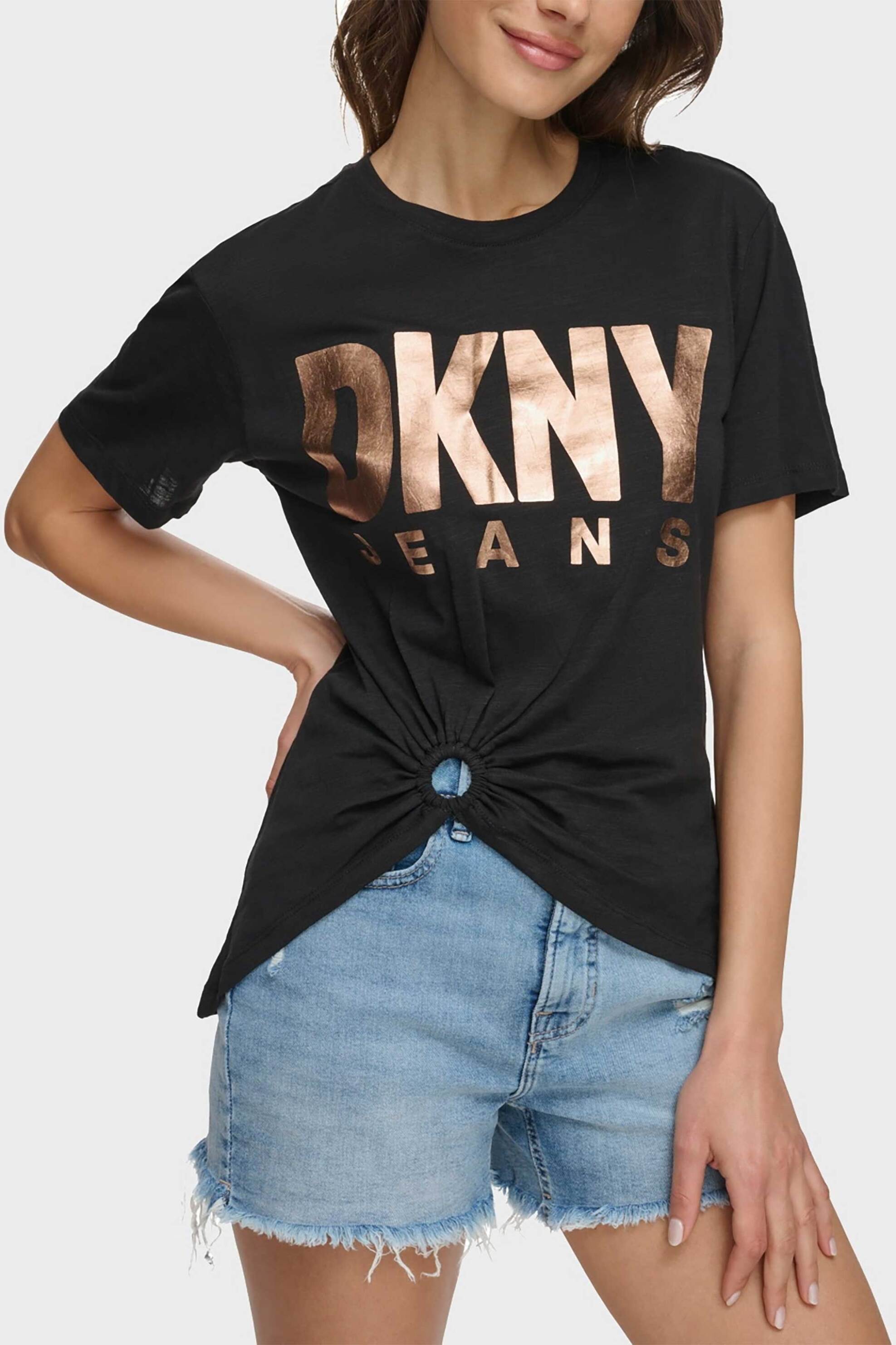 DKNY γυναικείο T-shirt μονόχρωμο με contrast bold logo print και διακοσμητικό κρίκο - E3EKXSSA Μαύρο