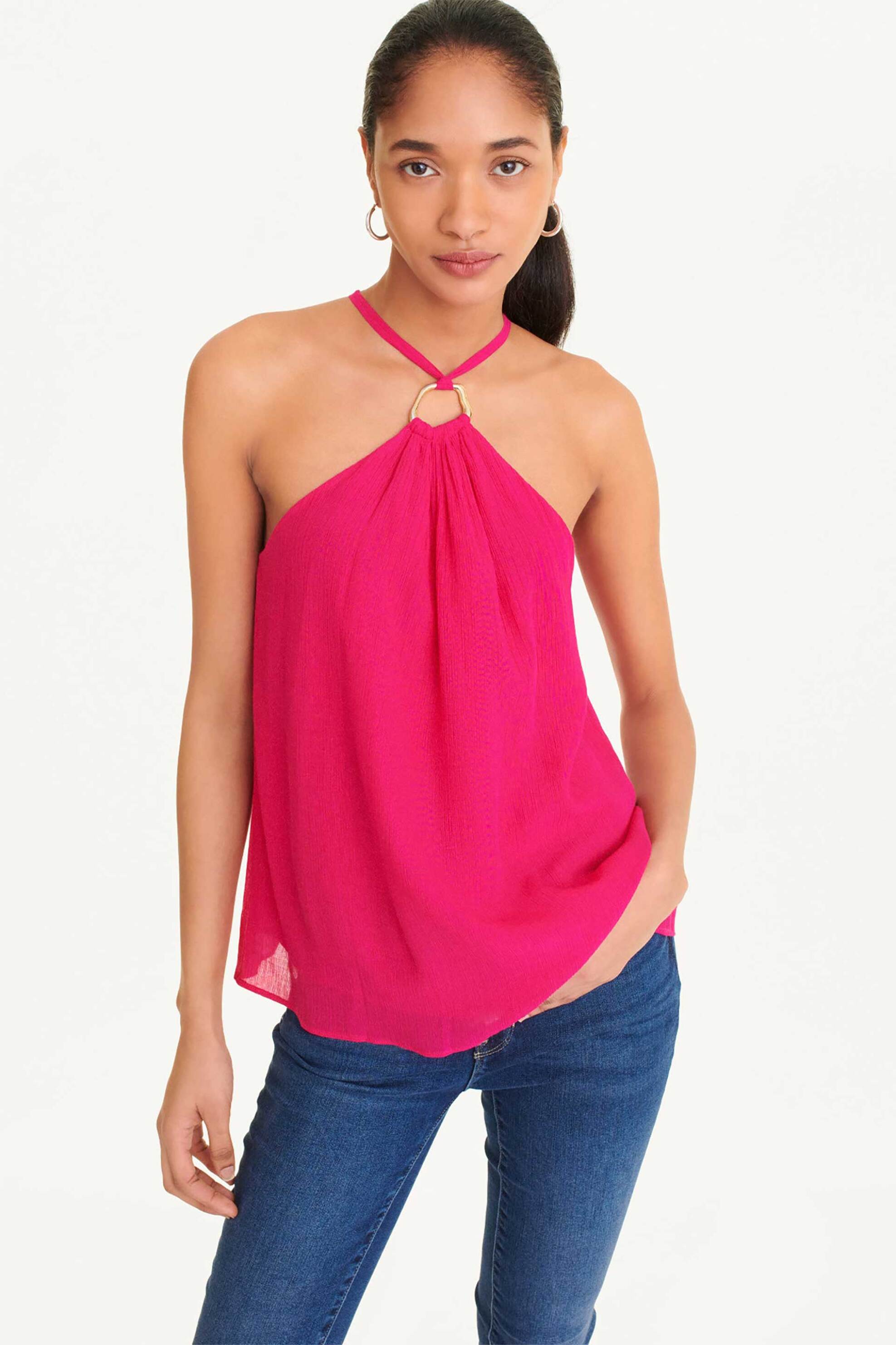 DKNY DKNY γυναικείο αμάνικο τοπ μονόχρωμο με διακοσμητικό κρίκο μπροστά - P3EA8S89 Φούξια