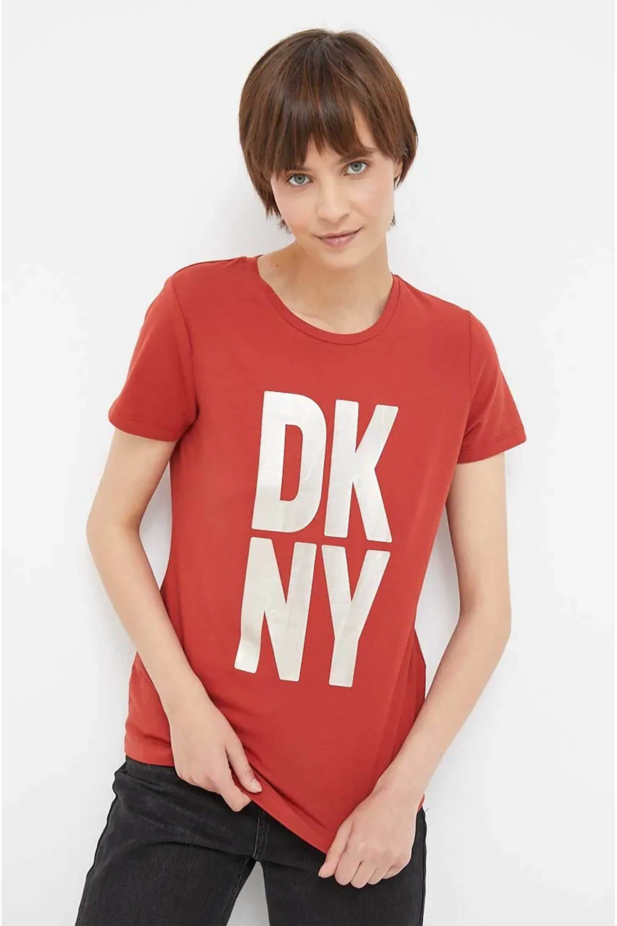 DKNY γυναικείο T-shirt μονόχρωμο με bold logo print μπροστά - P3EHFDNA Κεραμιδί