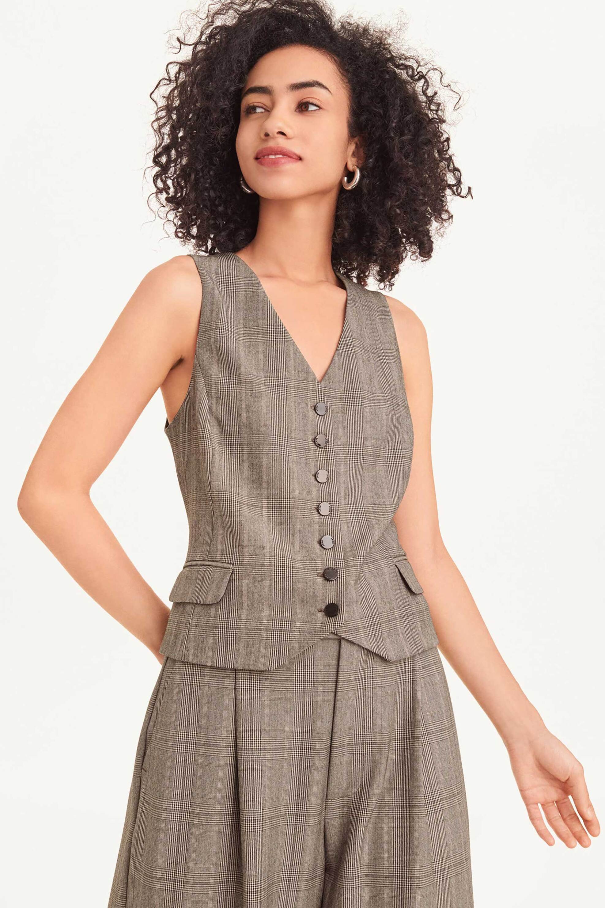 DKNY γυναικείο γιλέκο με καρό σχέδιο και διακοσμητικά flap μπροστά - P3GTRU61 Καφέ Ανοιχτό