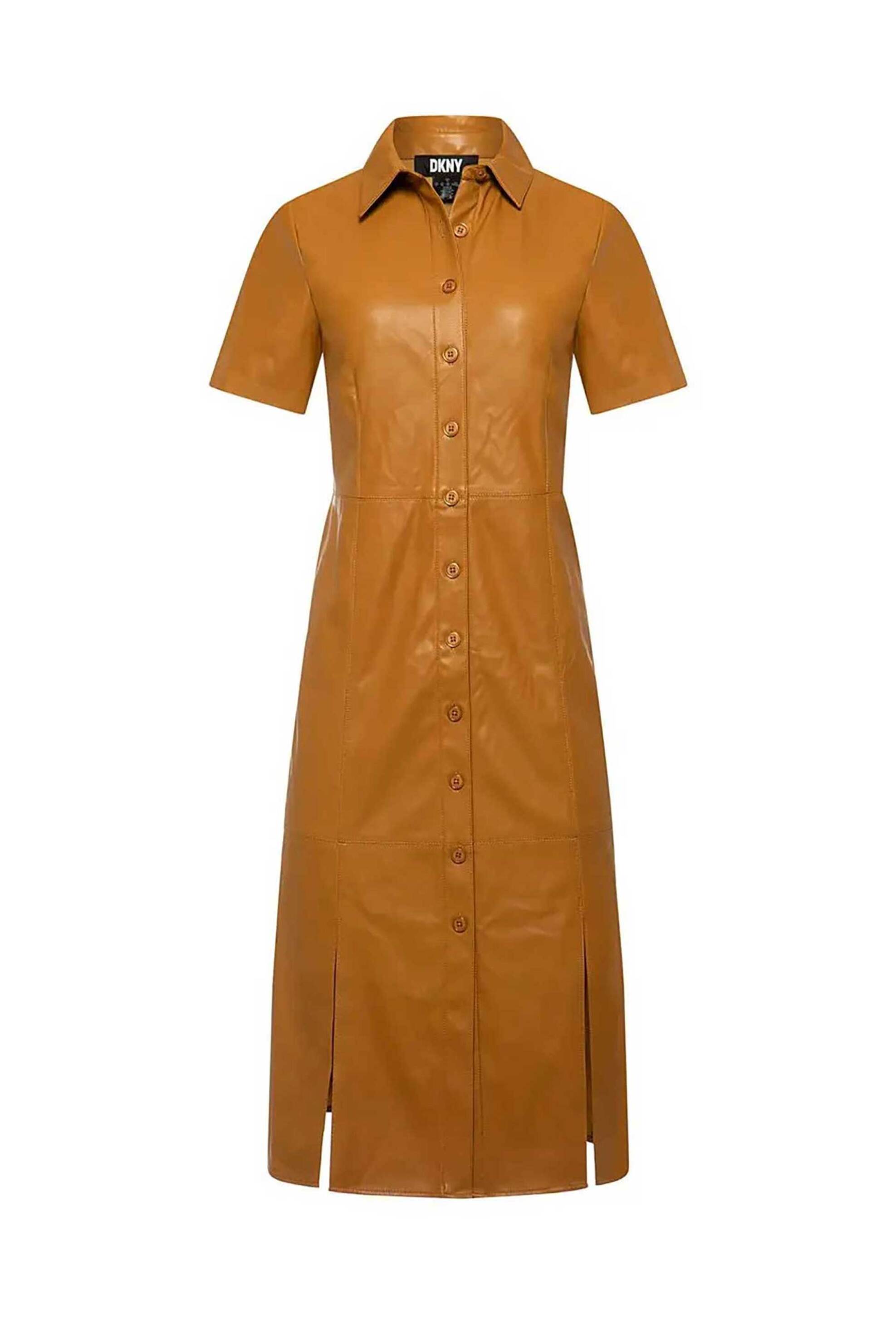 Dkny Γυναικείο Midi Φόρεμα Faux Leather Μονόχρωμο με Ανοίγματα Μπροστά - Dd3D4101 Καμηλό