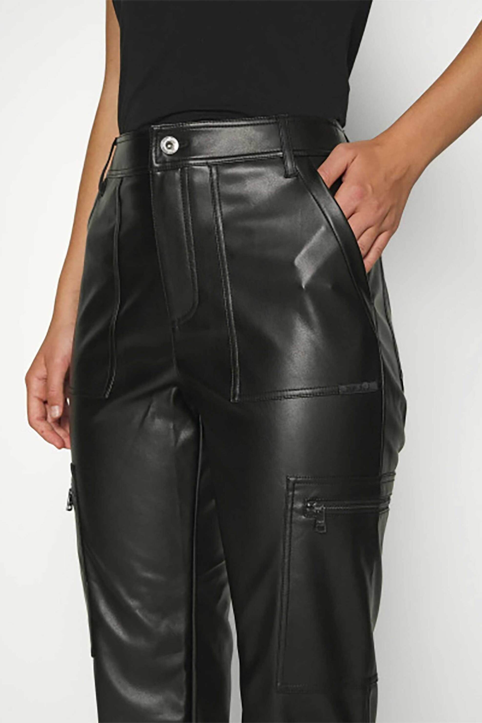 DKNY γυναικείο cargo παντελόνι faux leather μονόχρωμο Flared Leg - E3HKSUZQ Μαύρο φωτογραφία