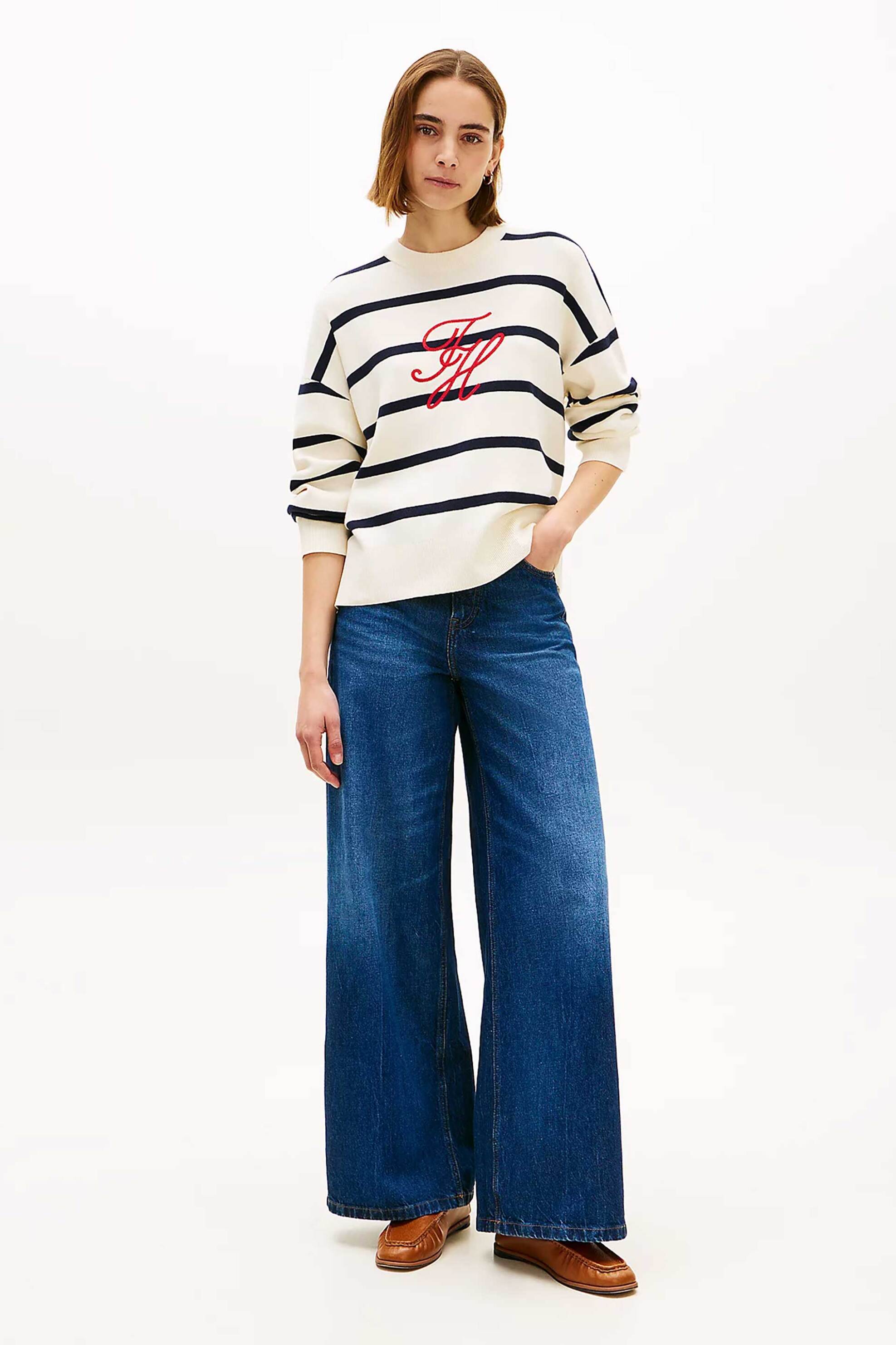 TOMMY HILFIGER Tommy Hilfiger γυναικείο πουλόβερ με ριγέ σχέδιο και κεντημένο logo Relaxed Fit - WW0WW49768 Ασπρόμαυρο - 2