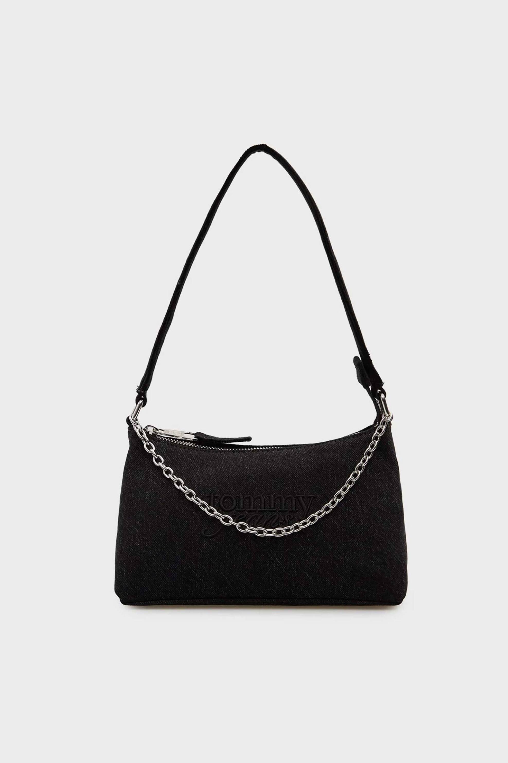 Tommy Hilfiger γυναικεία τσάντα ώμου denim με ανάγλυφο λογότυπο - AW0AW18083 Μαύρο