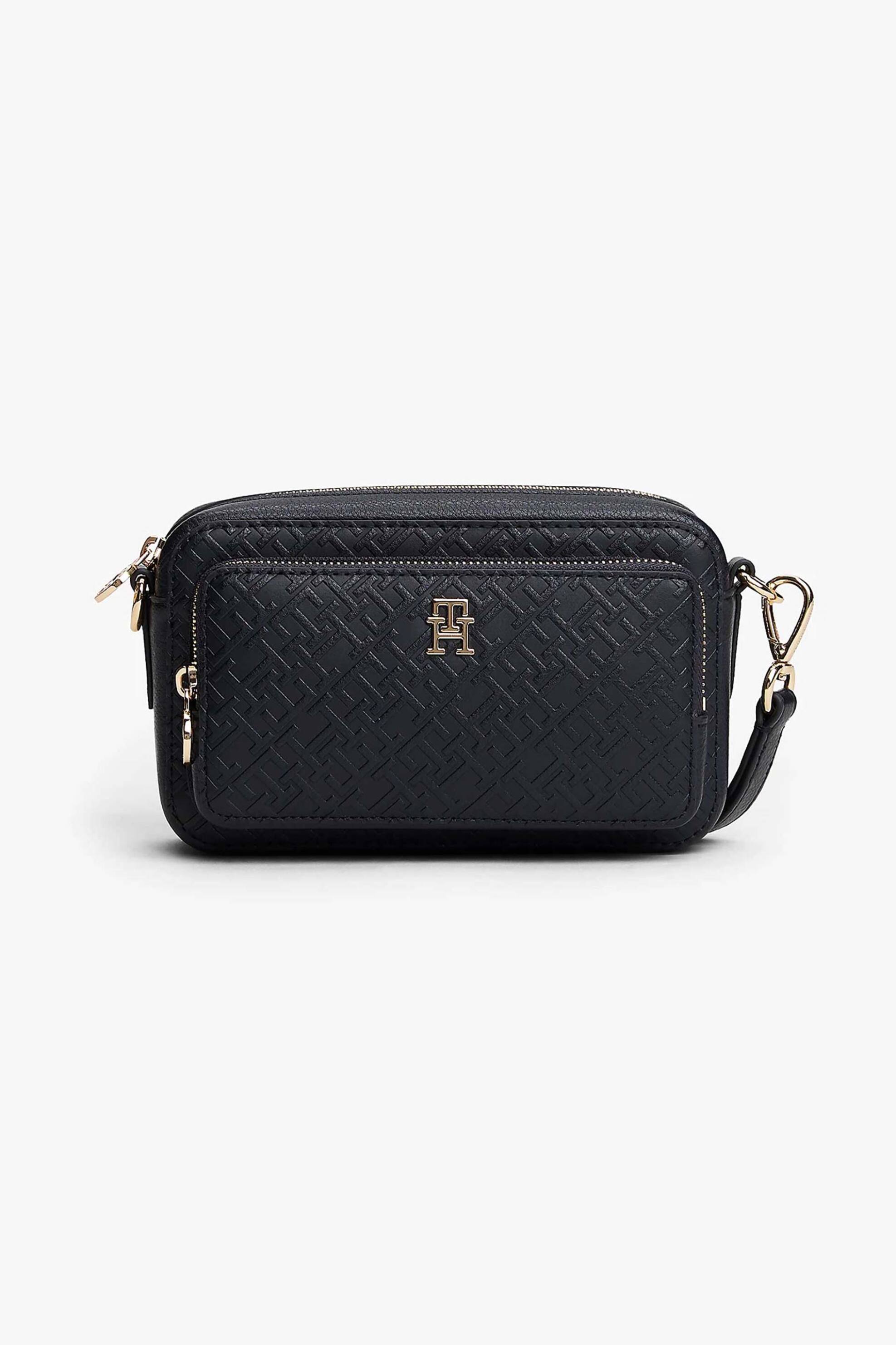 Tommy Hilfiger γυναικεία τσάντα crossbody με μεταλλικό monogram και all-over logo print "TH Monogram Camera Bag" - AW0AW18121 Σκούρο Μπλε