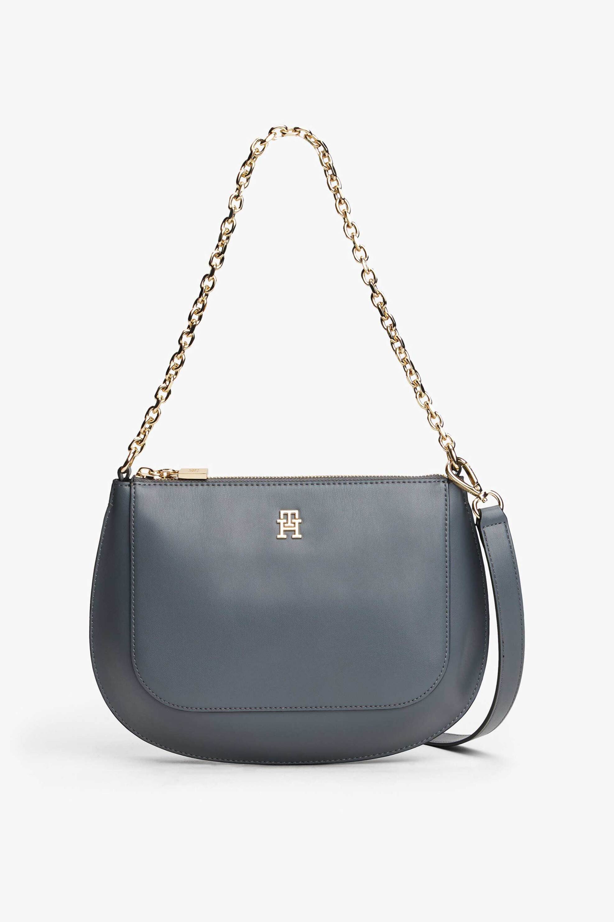 Tommy Hilfiger γυναικείο τσαντάκι ώμου/crossbody με αλυσίδα και μεταλλικό μονόγραμμα "ΤΗ Glam" - AW0AW18143 Γκρι