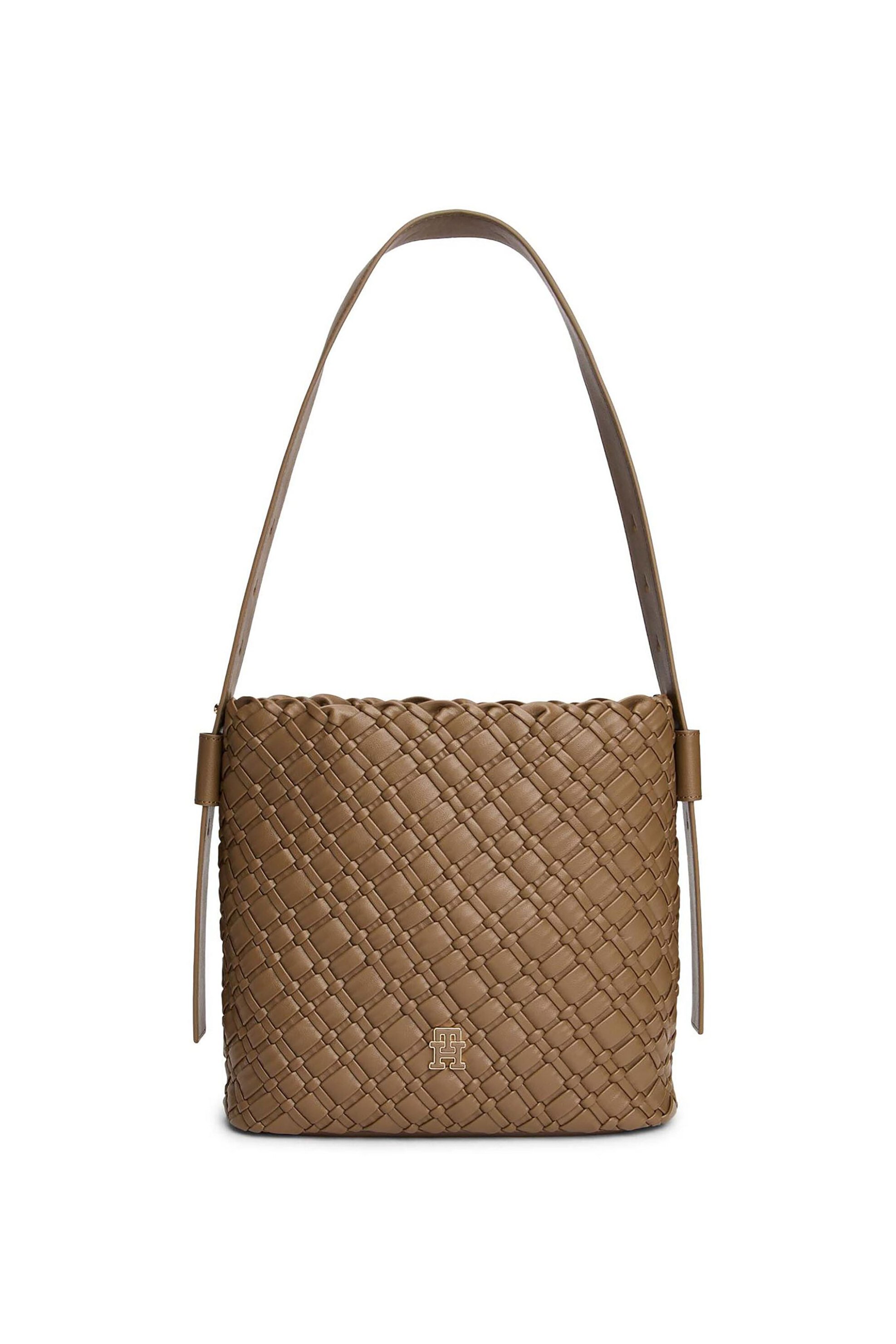 Tommy Hilfiger γυναικεία τσάντα ώμου με μεταλλικό monogram και πλεκτό σχέδιο "TH Braided" - AW0AW18160 Καφέ