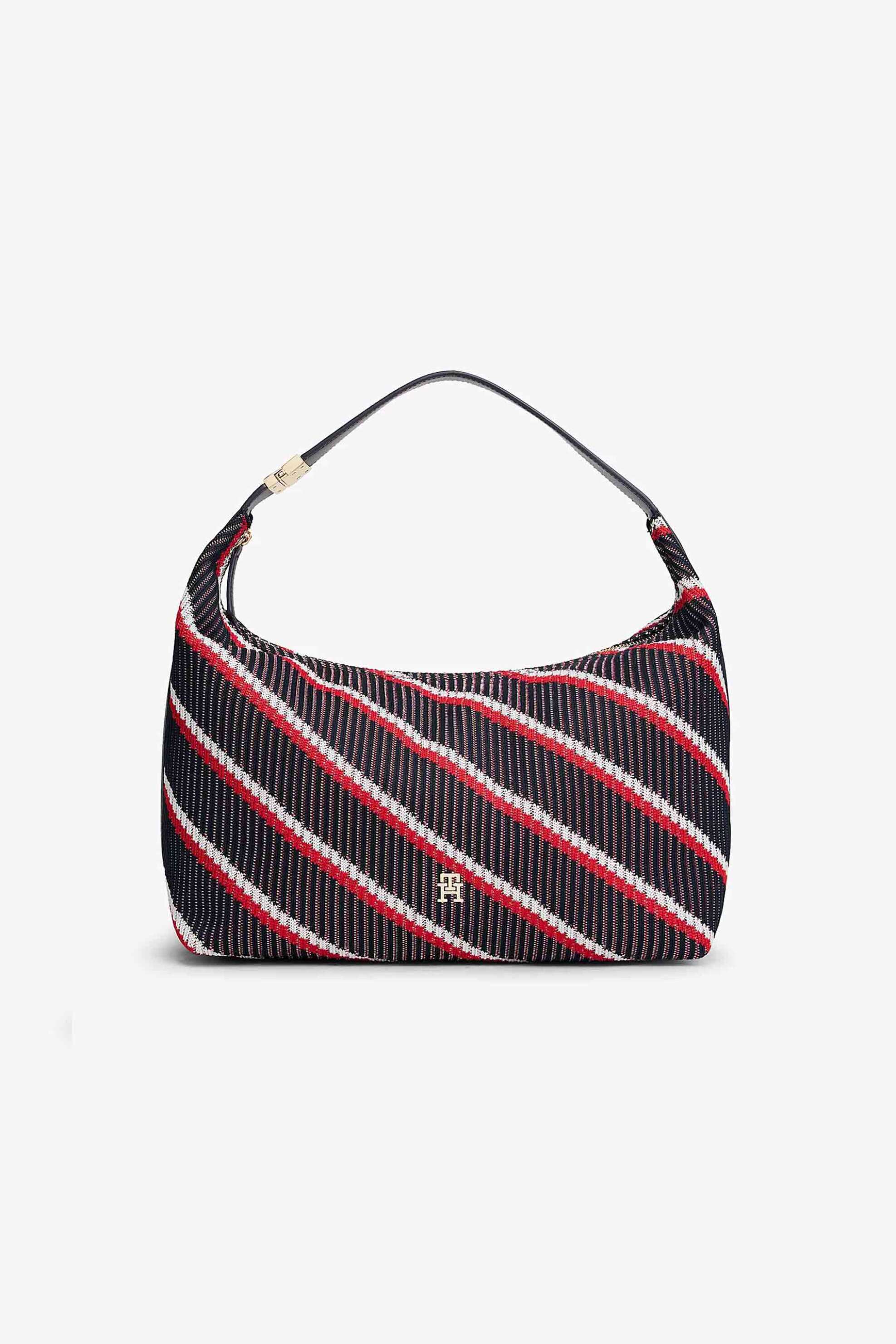 Tommy Hilfiger γυναικεία τσάντα ώμου hobo με μεταλλικό monogram και ριγέ σχέδιο "TH Monogram Signature" - AW0AW18166 Μαύρο - Κόκκινο