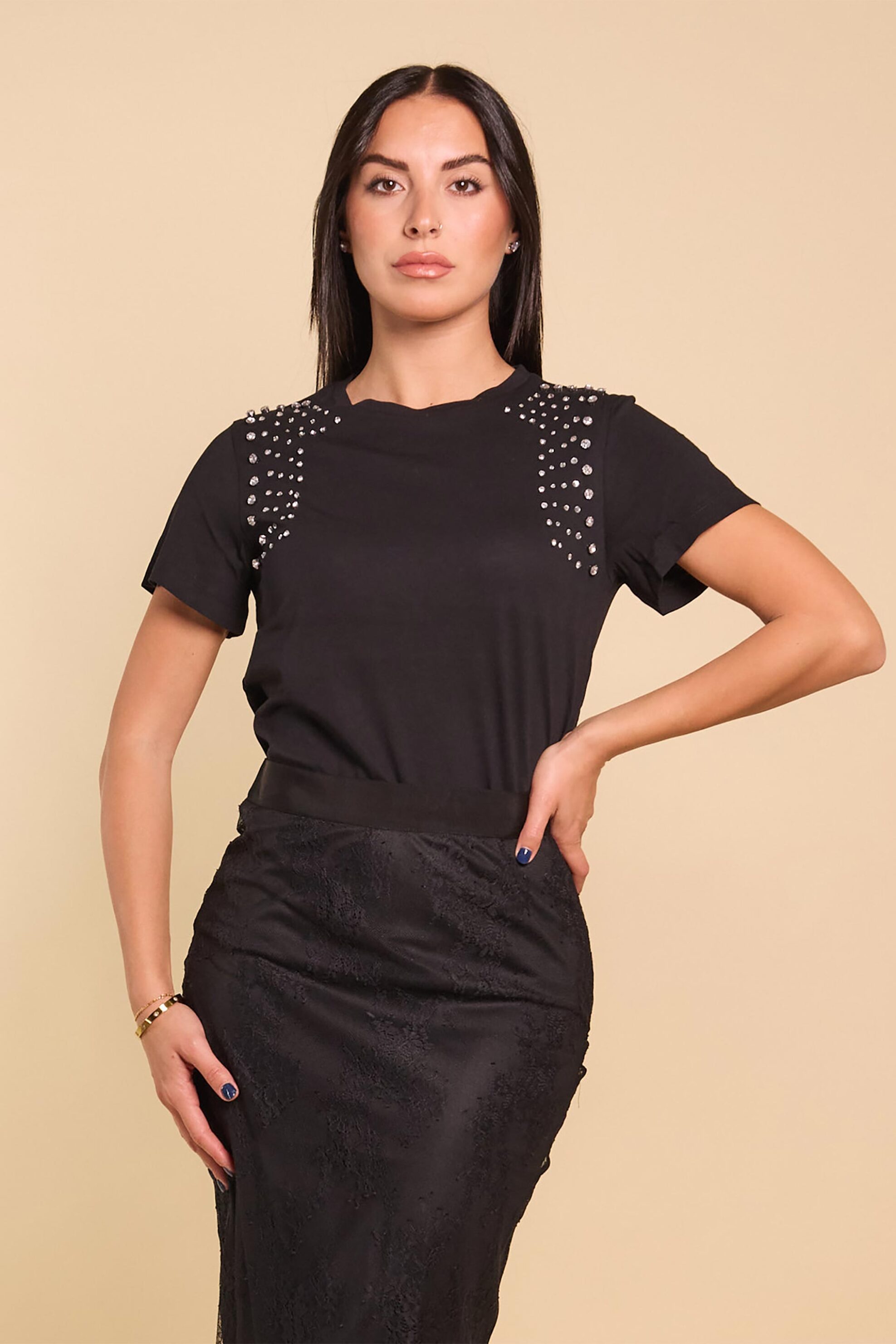 Liu Jo γυναικείο T-shirt με στρας Regular Fit - MF5344J6308 Μαύρο