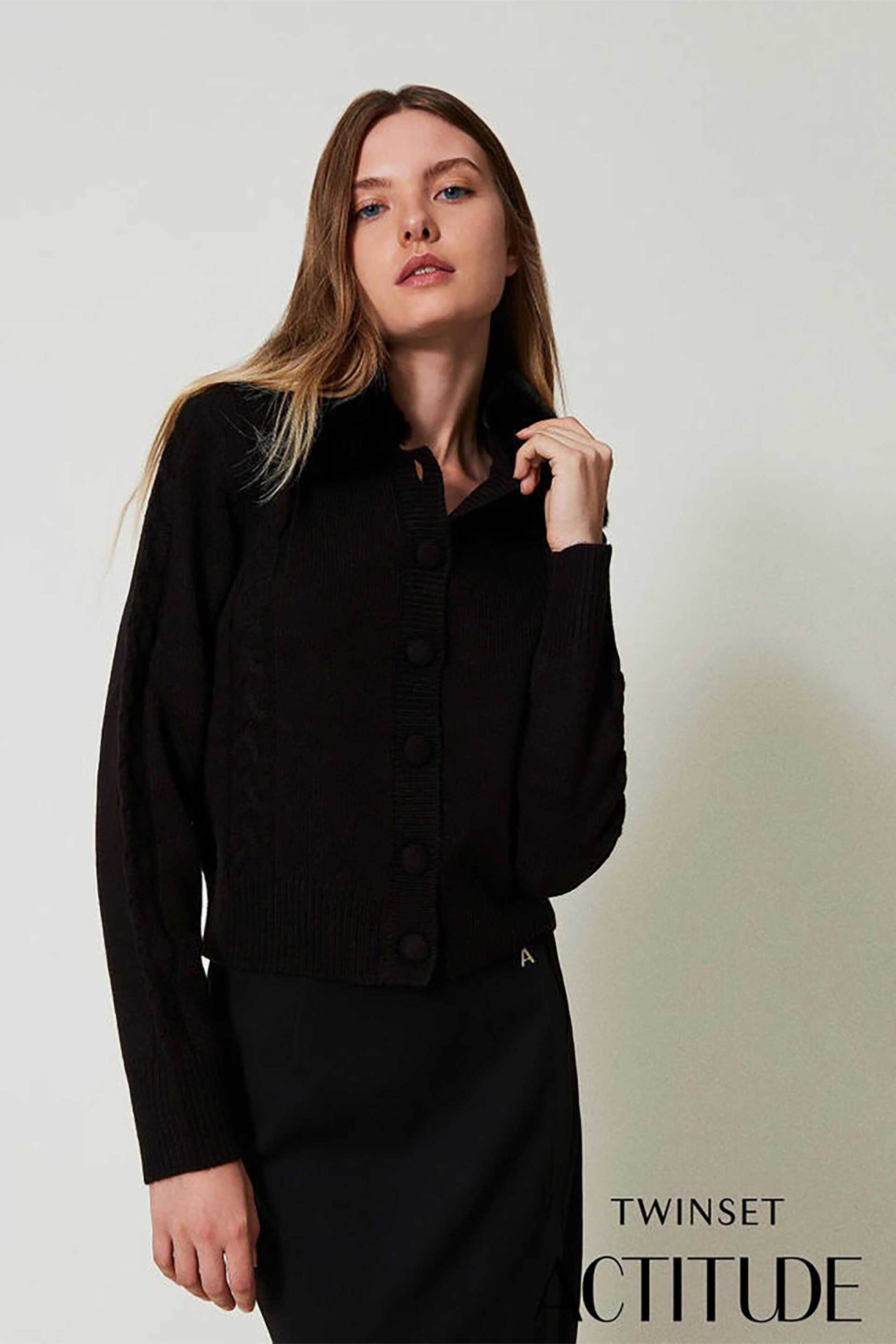 Actitude By Twinset γυναικεία πλεκτή ζακέτα με faux γούνα - 242AT3230 Μαύρο φωτογραφία