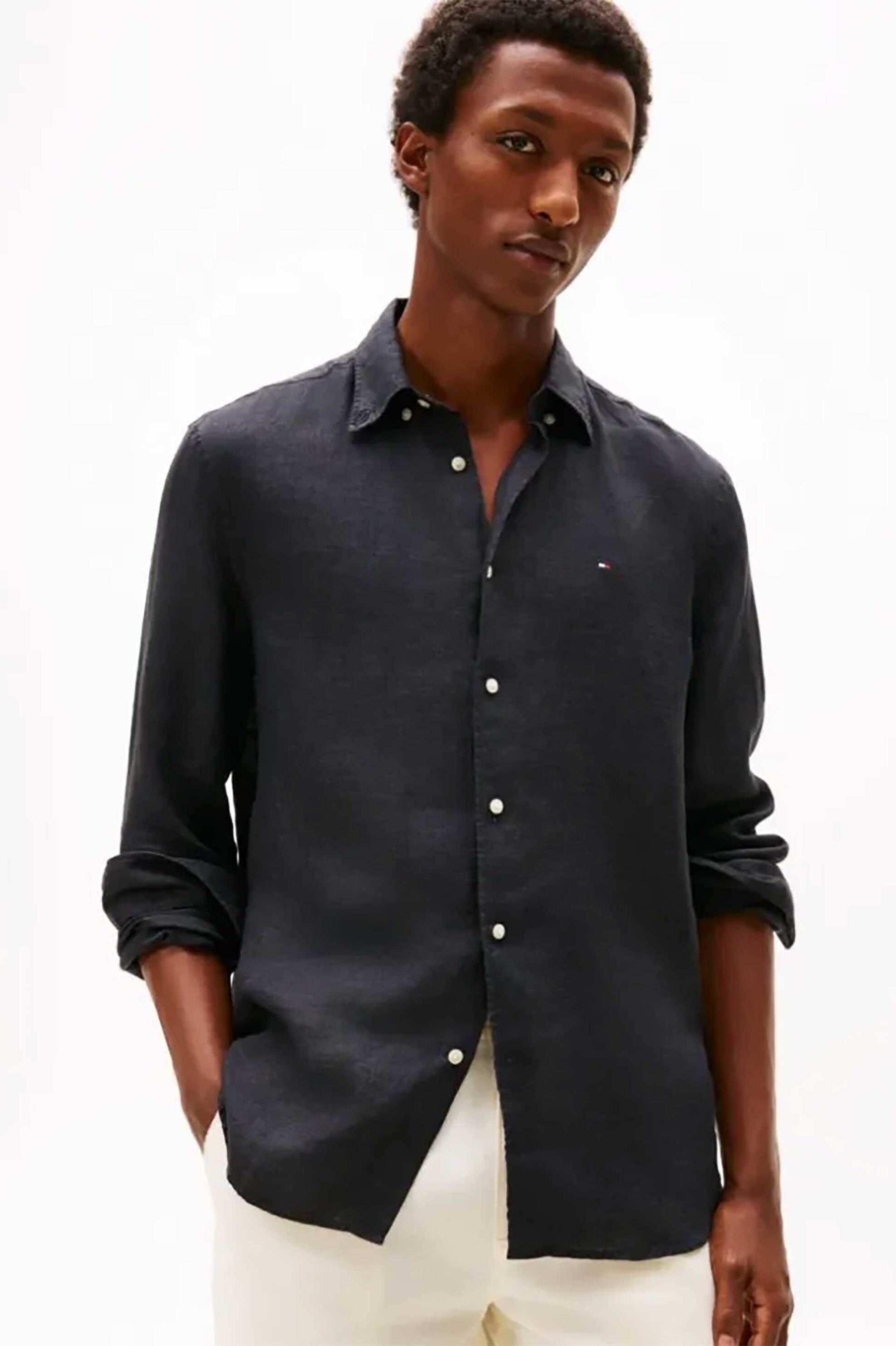 Tommy Hilfiger ανδρικό λινό πουκάμισο button down με κεντημένο logo flag Regular Fit - MW0MW41530 Μαύρο