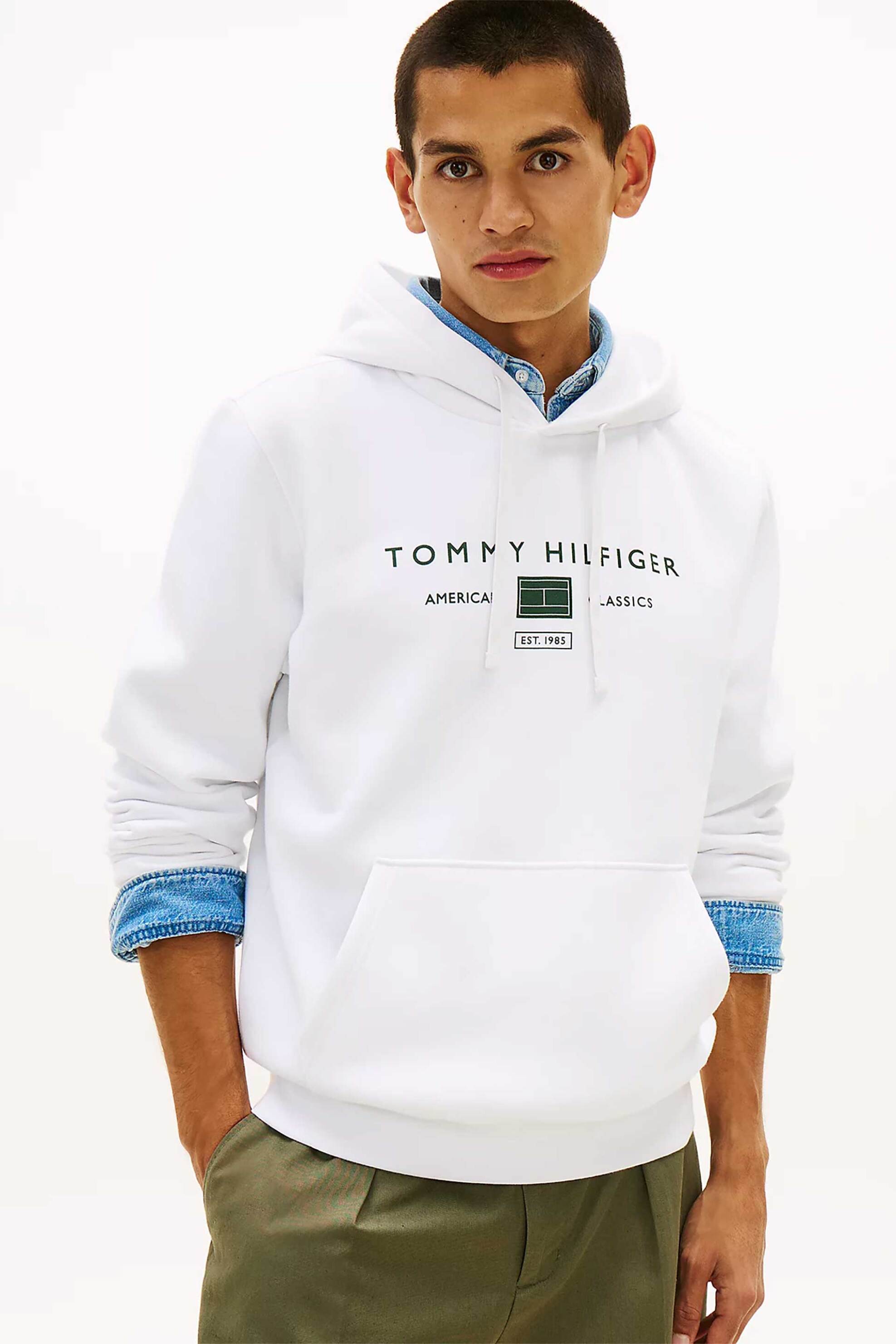 Tommy Hilfiger ανδρική μπλούζα φούτερ με κουκούλα και λογότυπο Regular Fit - MW0MW42464 Λευκό