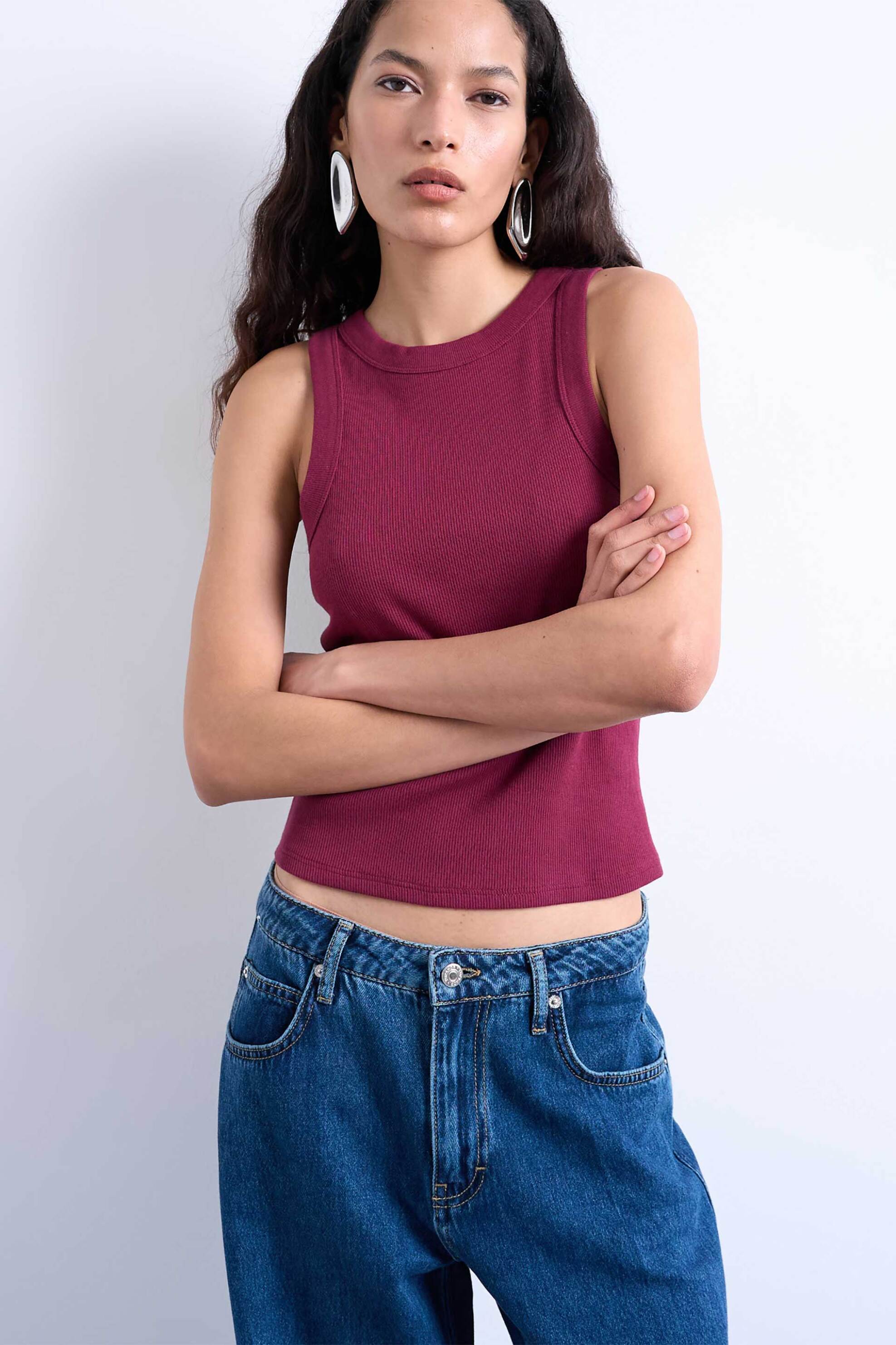 Topshop γυναικείο τοπ μονόχρωμο αμάνικο "Μary" - 31000872 Μπορντό