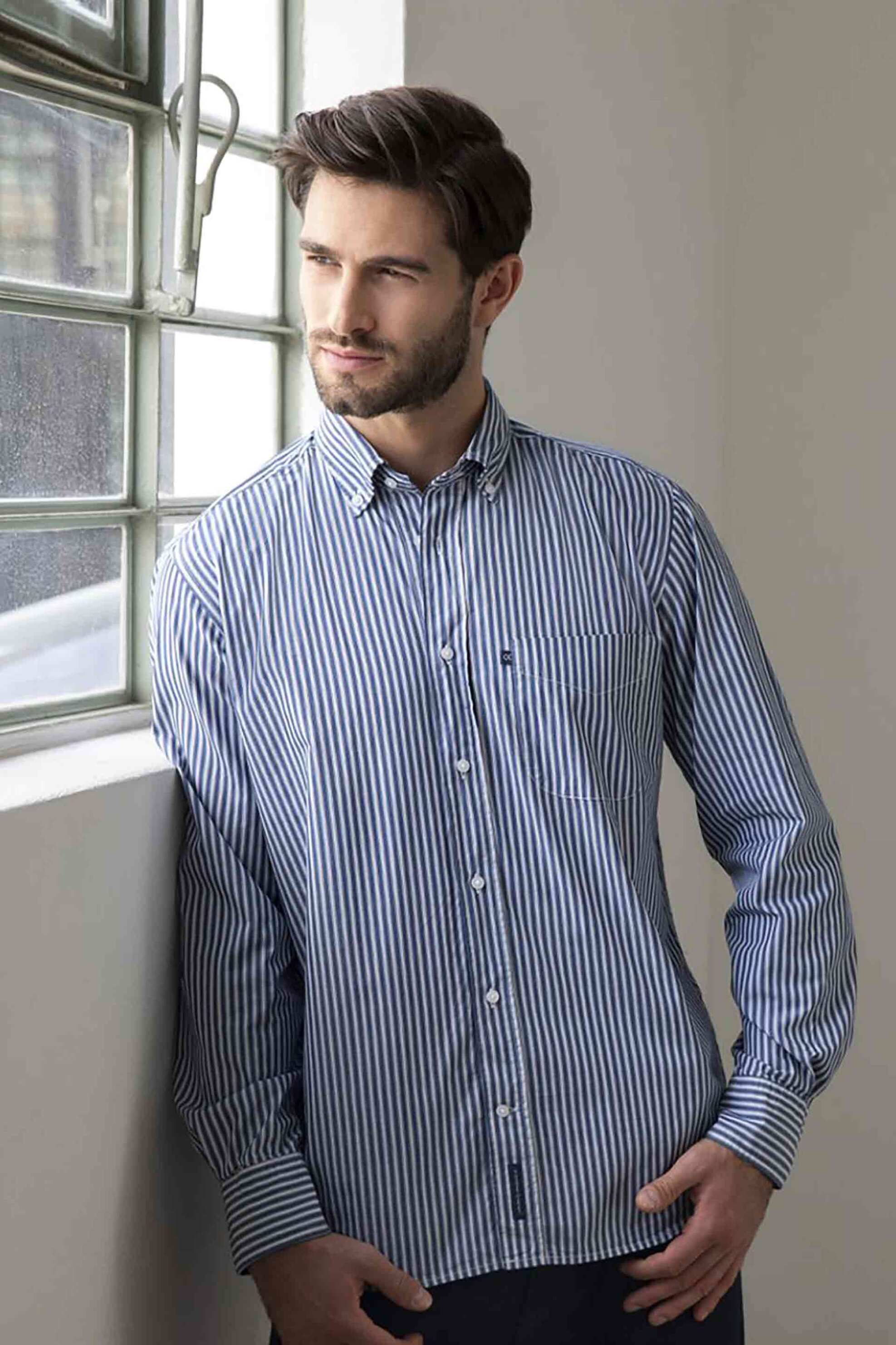 OXFORD COMPANY Oxford Company ανδρικό πουκάμισο button down με ριγέ σχέδιο Regular Fit "Sport" - J123-BX11.01 Μπλε Σκούρο