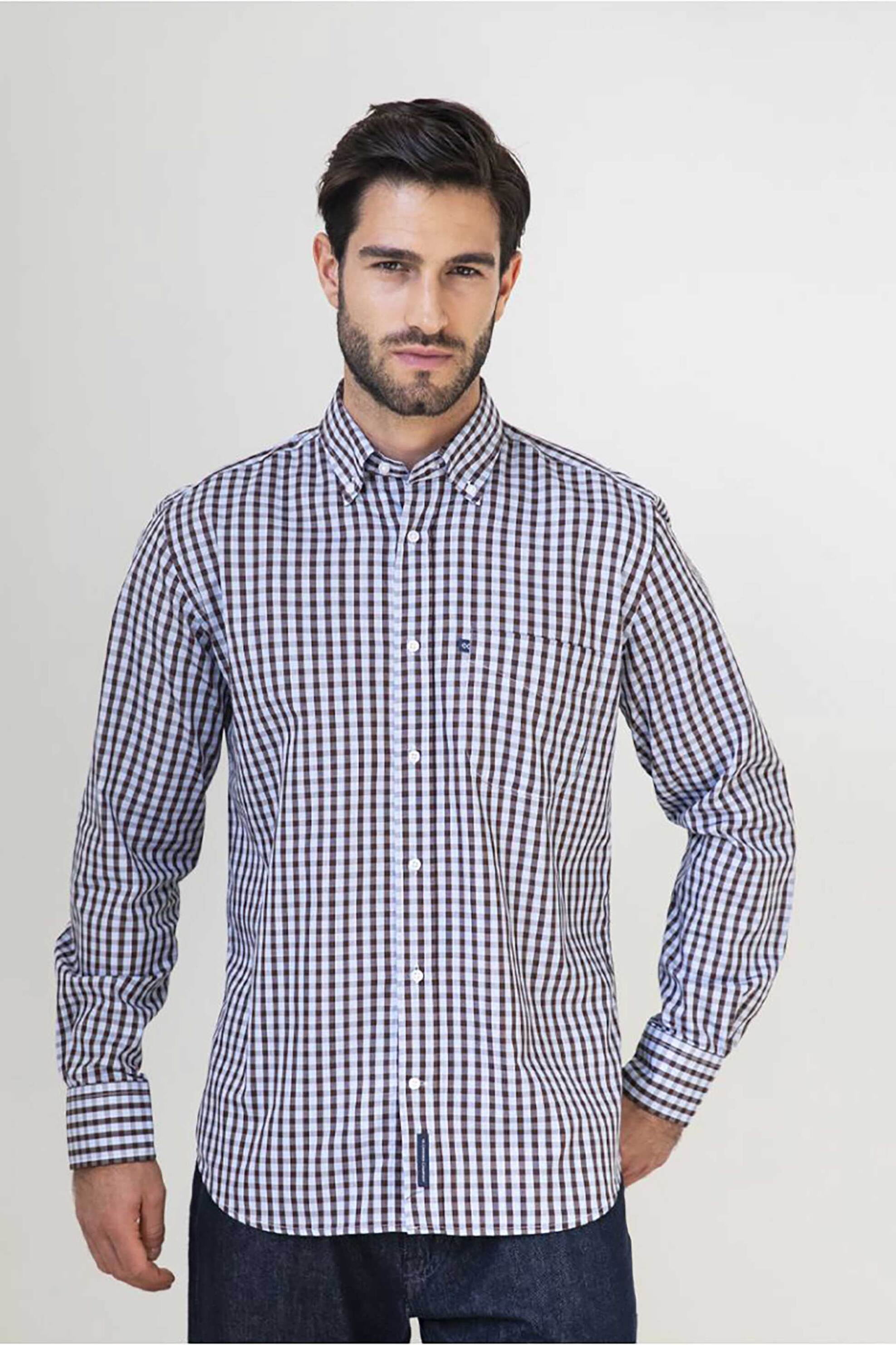 Oxford Company ανδρικό πουκάμισο button down με καρό σχέδιο Regular Fit "Sport" - M134-BY10.01 Καφέ