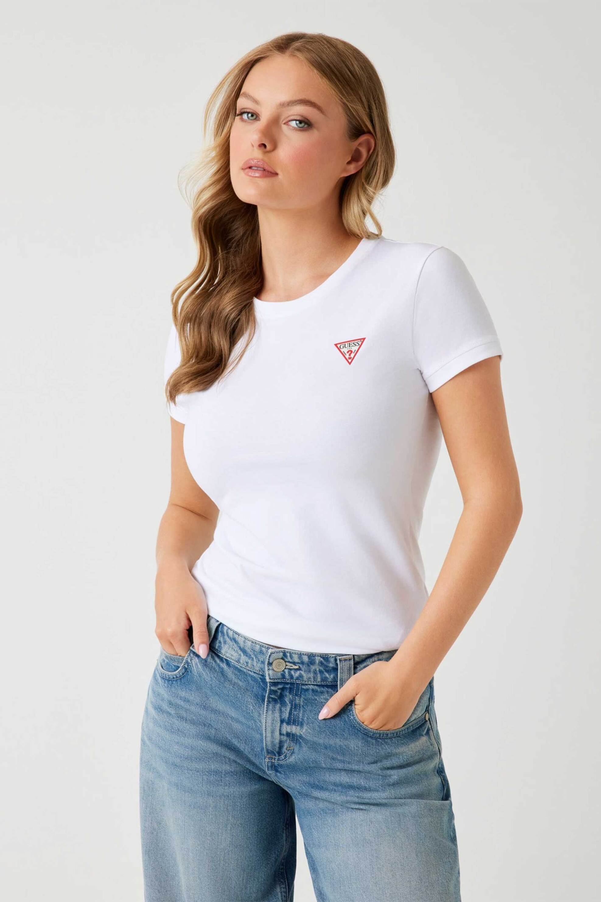 Guess γυναικείο T-shirt μονόχρωμο με λογότυπο Slim Fit - W2YI44J1314 Λευκό