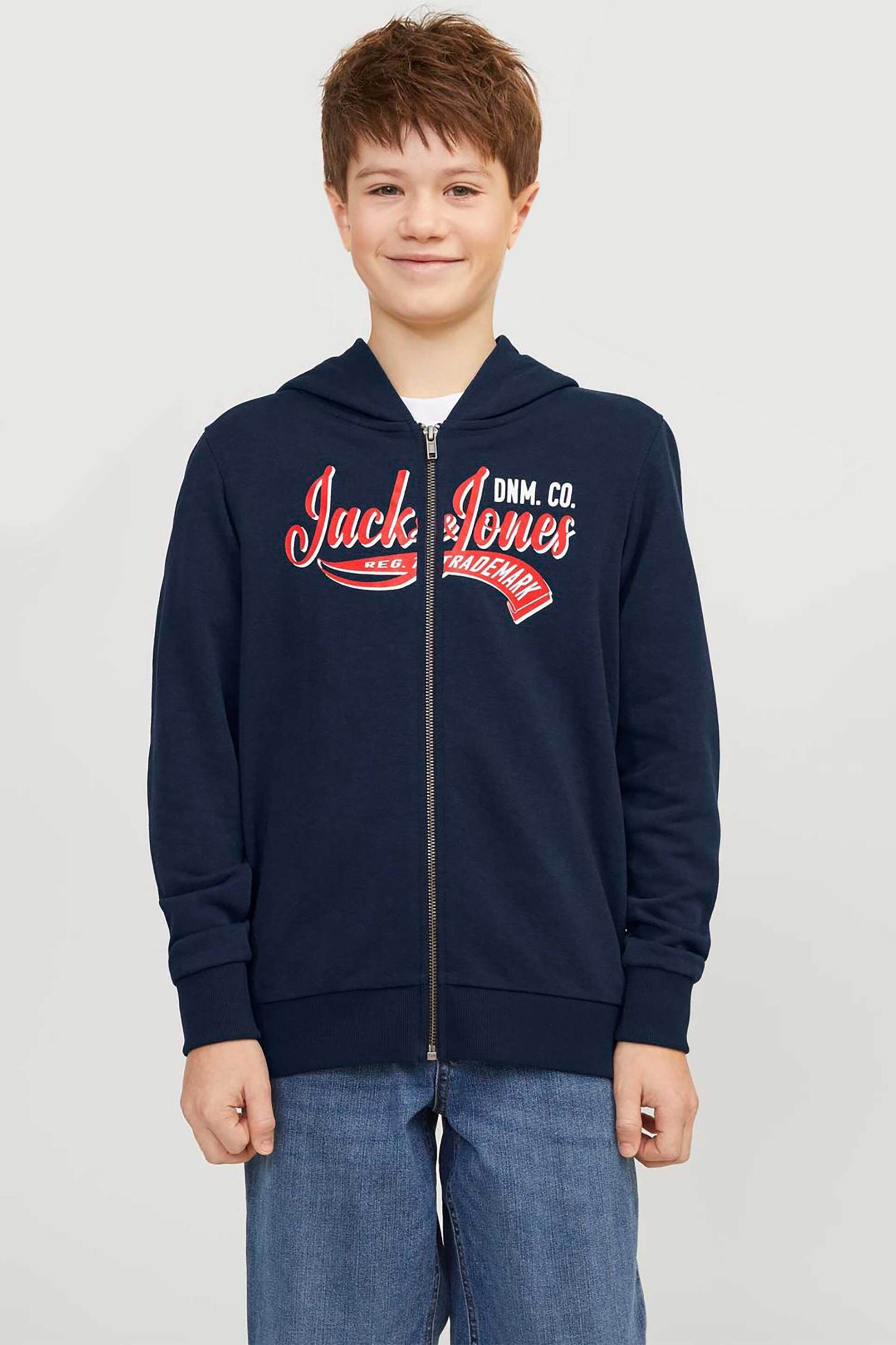 JACK & JONES JACK & JONES παιδική ζακέτα φούτερ με κουκούλα και graphic logo print Regular Fit - 12237429 Μπλε Σκούρο