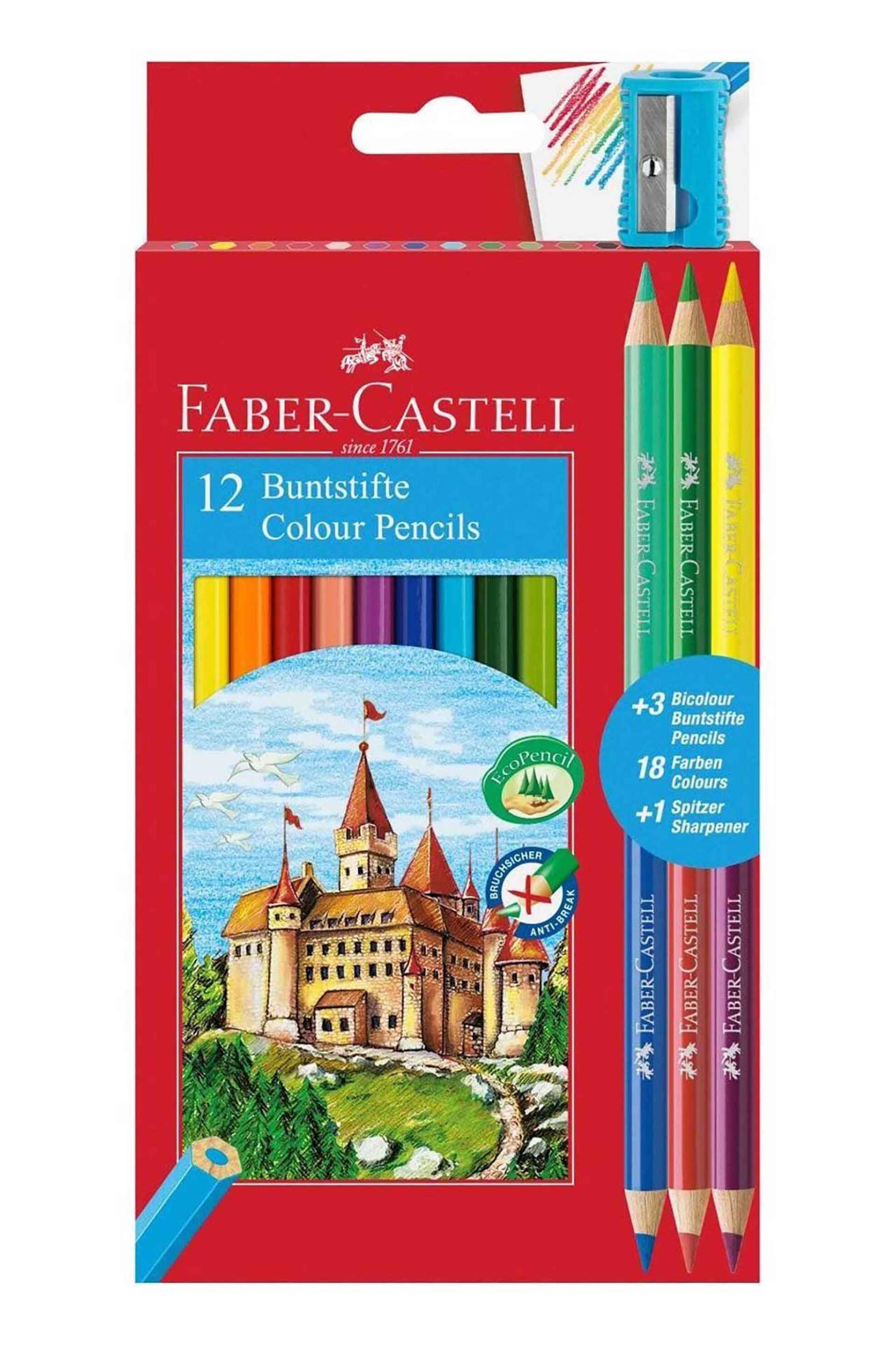 Faber-Castell ξυλομπογιές κάστρο σετ 12 χρώματα + 3 ξυλομπογιές διπλού χρώματος + δώρο 1 ξύστρα - 077110312/