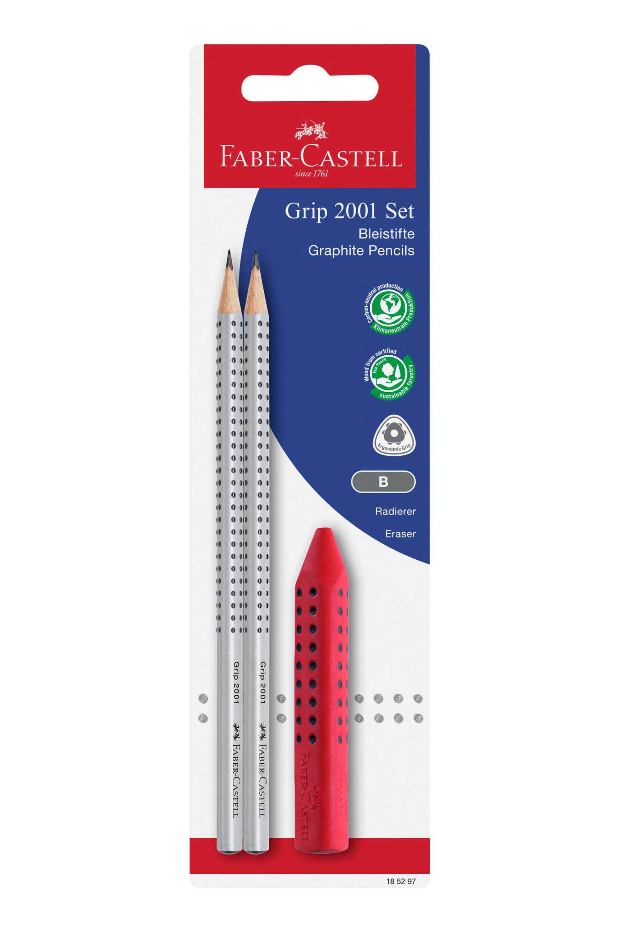 Faber-Castell Blister 2 μολύβια grip 2001 γκρι + γόμα grip κόκκινο/μπλε - 077185297