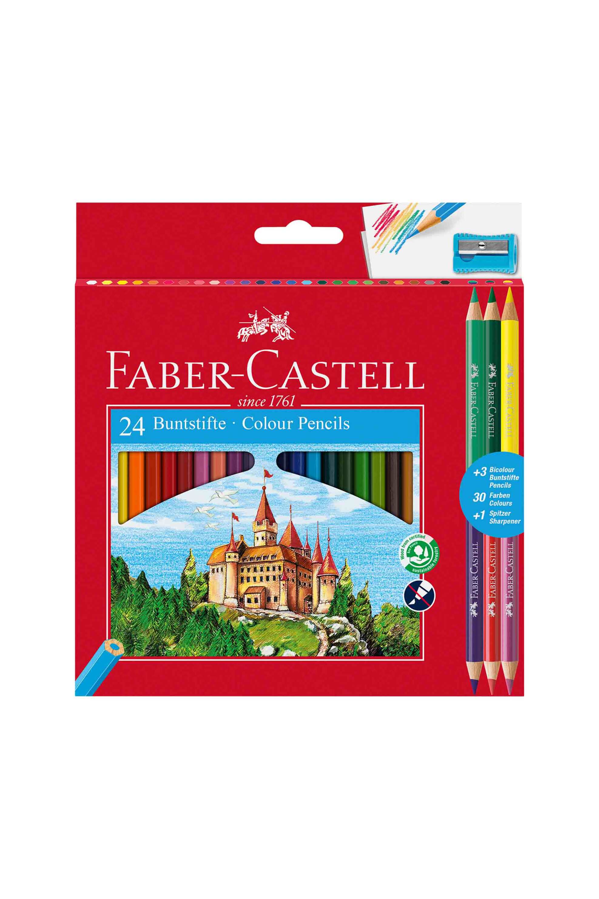 FABER-CASTELL Faber-Castell ξυλομπογιές κάστρο σετ 24 χρώματα + 3 ξυλομπογιές διπλού χρώματος + δώρο 1 ξύστρα - 077110324