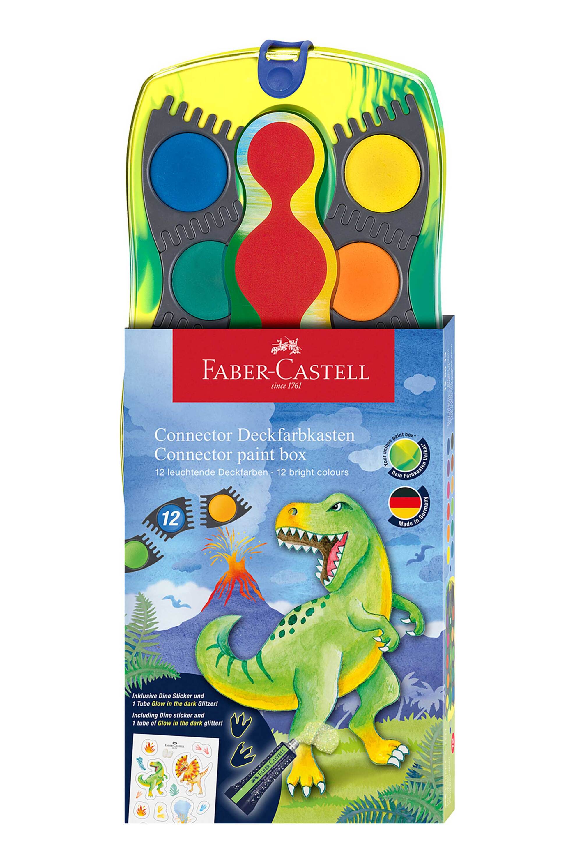 FABER-CASTELL Faber-Castell νερομπογιές Connector Σετ 12 χρώματα σε κασετίνα - Σχέδιο Δεινόσαυρος - 077125013