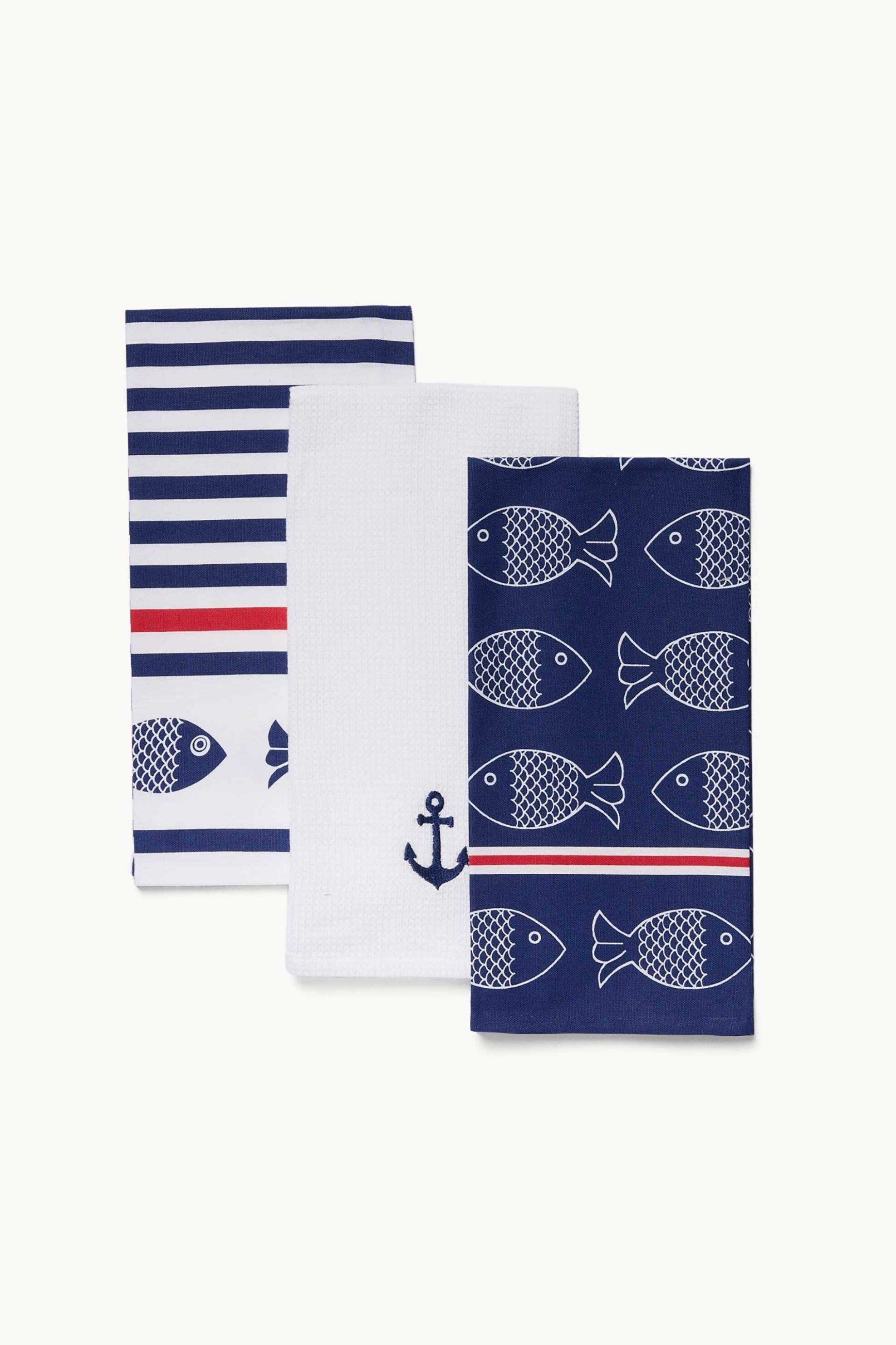 Coincasa σετ βαμβακερές πετσέτες κουζίνας με navy print (3 τεμάχια) - 006812902 Λευκό - Μπλε