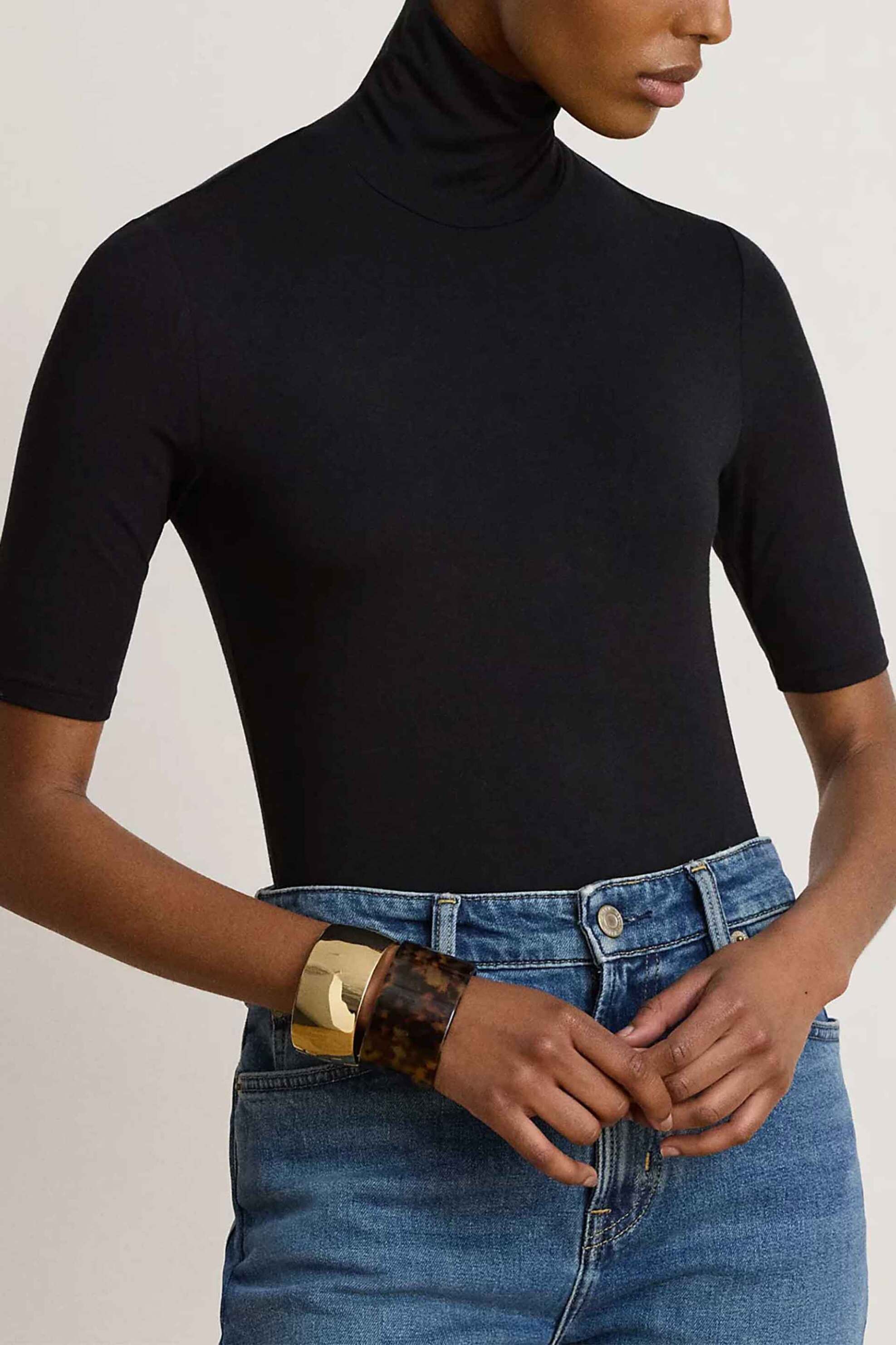 Lauren Ralph Lauren γυναικεία μπλούζα μονόχρωμη με ζιβάγκο Slim Fit - 200672214001 Μαύρο