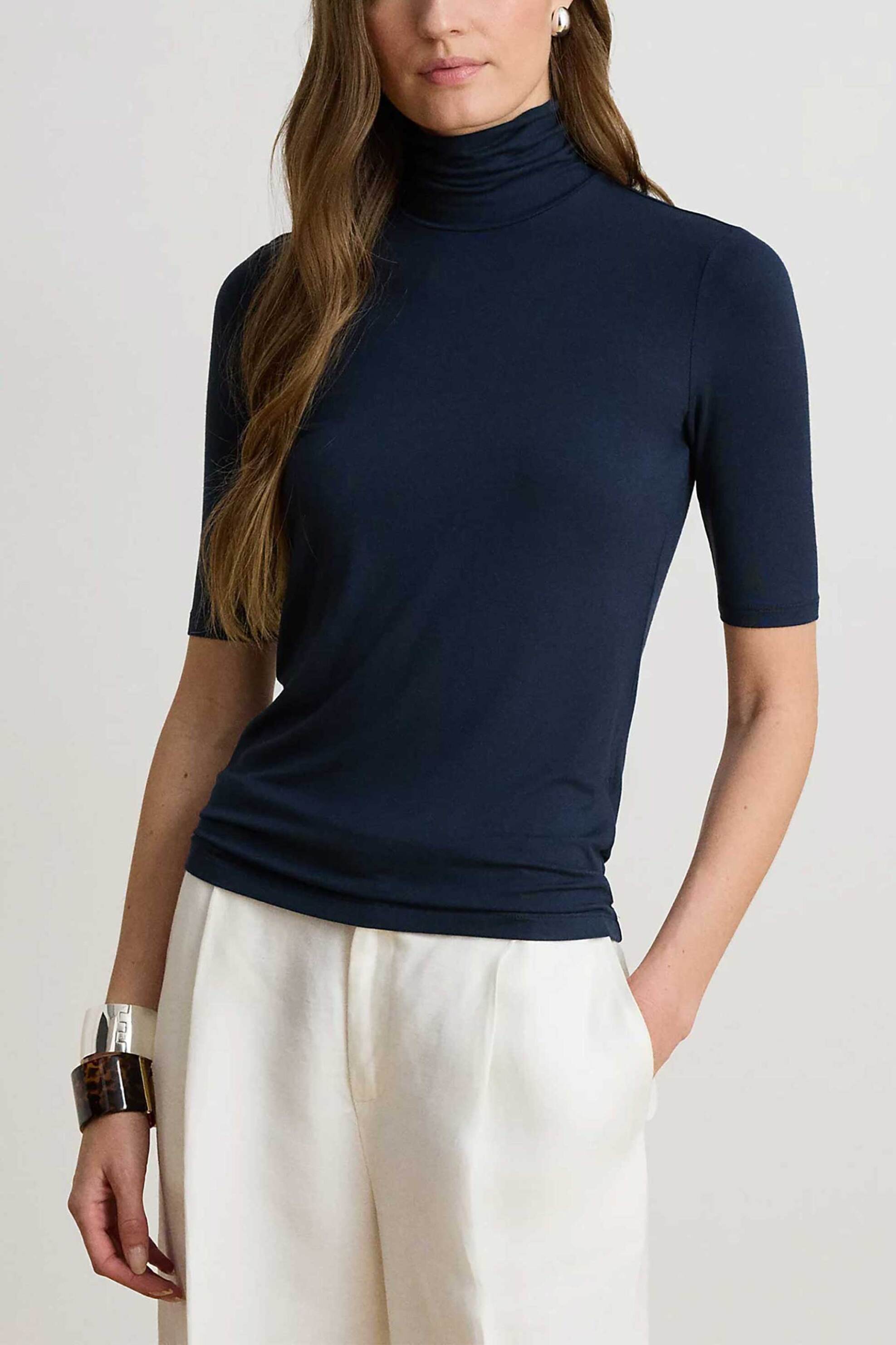 Lauren Ralph Lauren γυναικεία μπλούζα μονόχρωμη με ζιβάγκο Slim Fit - 200672214021 Μπλε Σκούρο