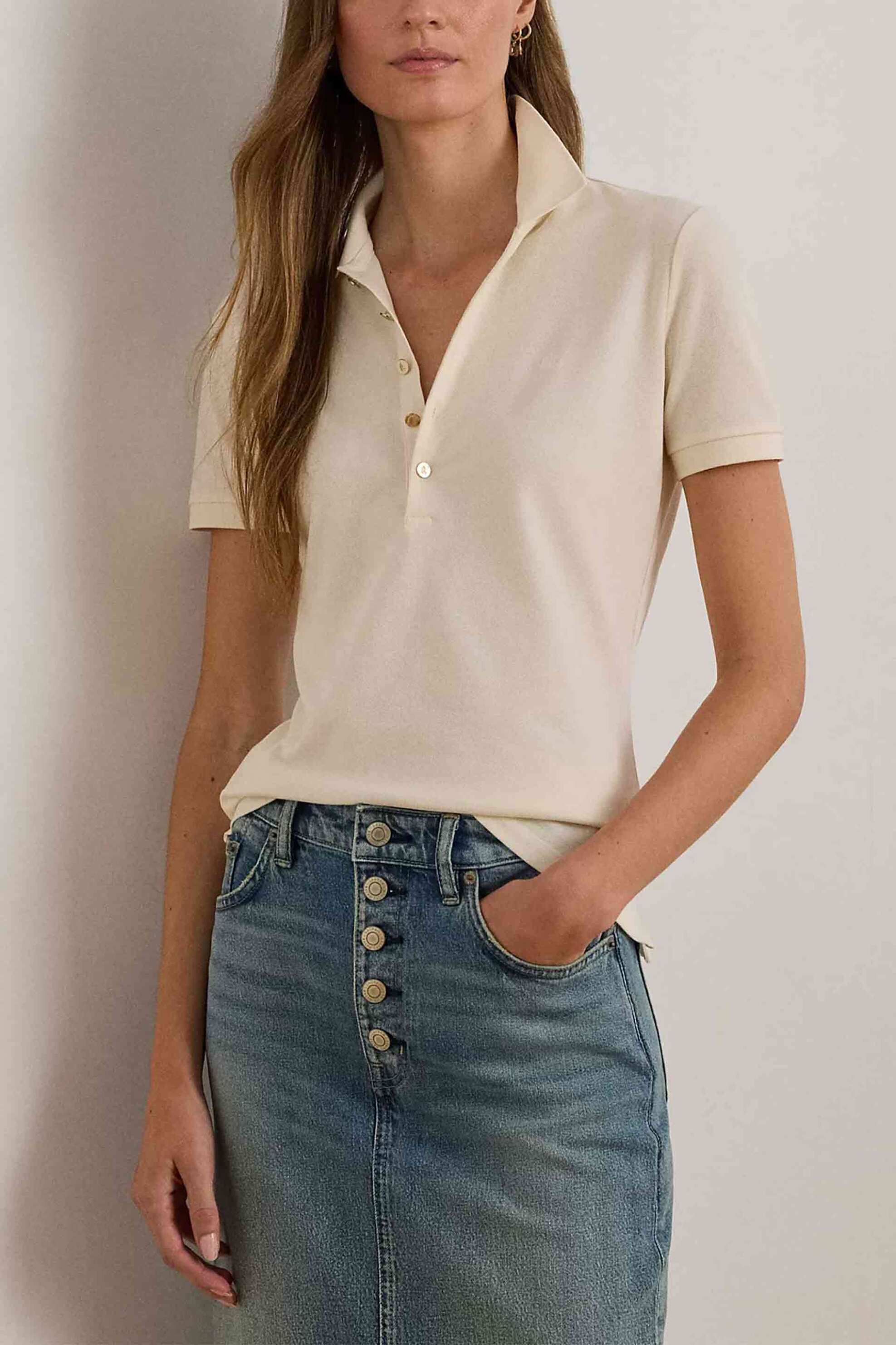Lauren Ralph Lauren γυναικεία κοντομάνικη μπλούζα πόλο πικέ Slim Fit - 200679219010 Κρέμ