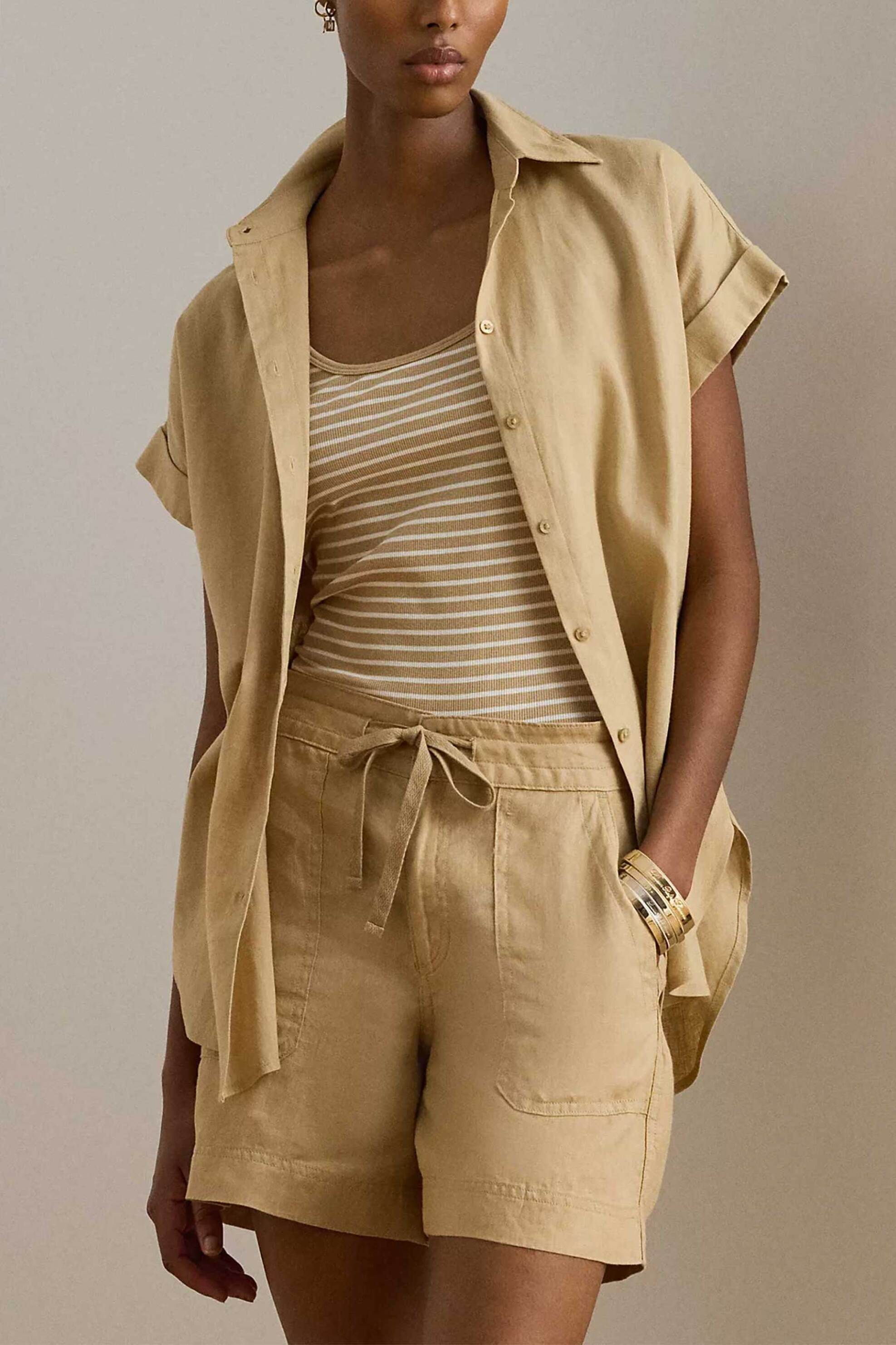 Lauren Ralph Lauren γυναικείο λινό πουκάμισο με κοντό μανίκι Relaxed Fit - 200699152052 Μπεζ