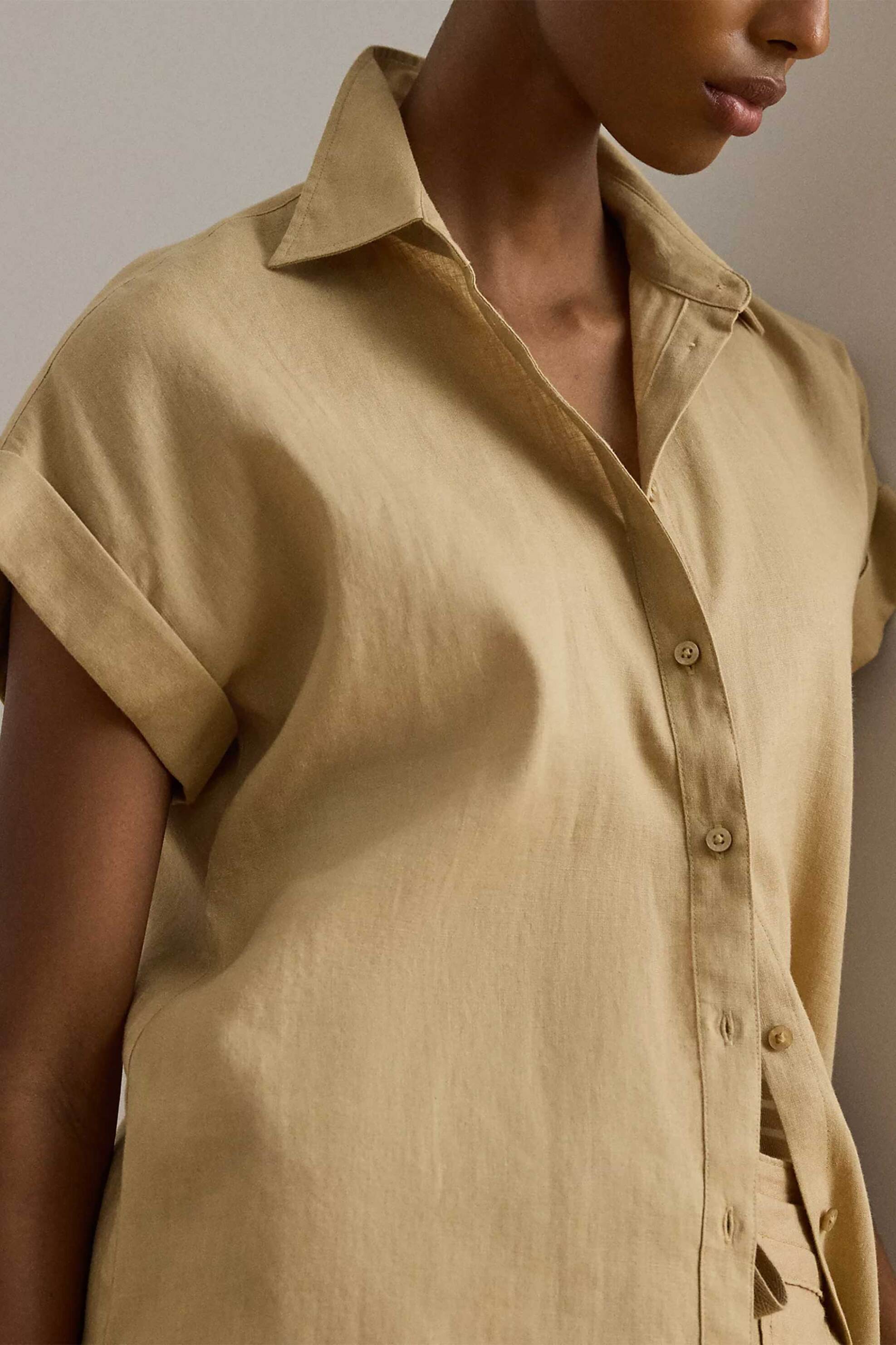 Lauren Ralph Lauren γυναικείο λινό πουκάμισο με κοντό μανίκι Relaxed Fit - 200699152052 Μπεζ φωτογραφία