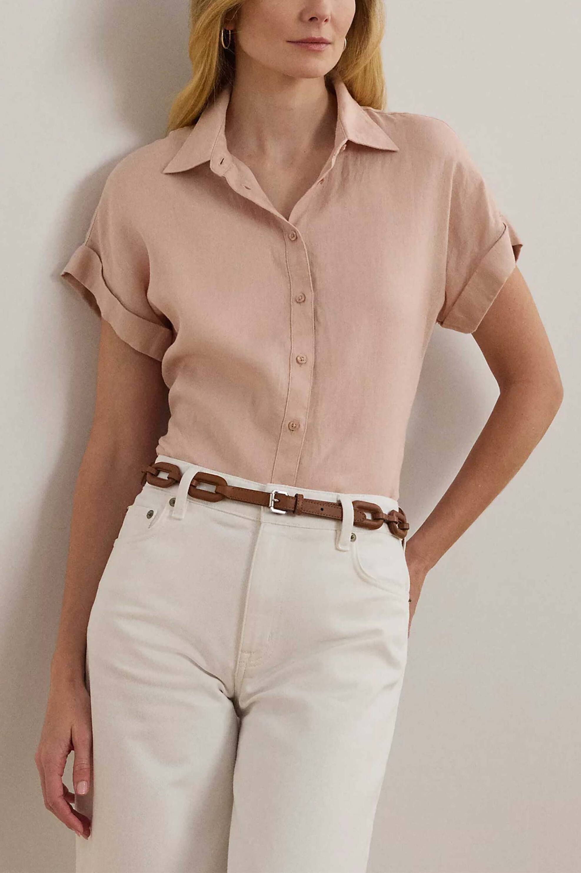 LAUREN RALPH LAUREN Lauren Ralph Lauren γυναικείο λινό πουκάμισο με κοντό μανίκι Relaxed Fit - 200699152053 Ροζ 2025