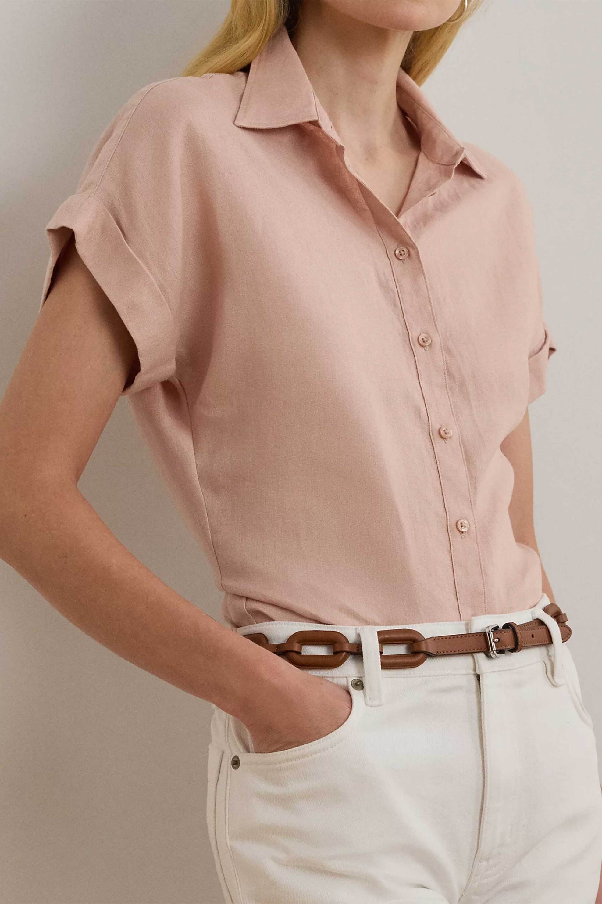 Lauren Ralph Lauren γυναικείο λινό πουκάμισο με κοντό μανίκι Relaxed Fit - 200699152053 Ροζ φωτογραφία
