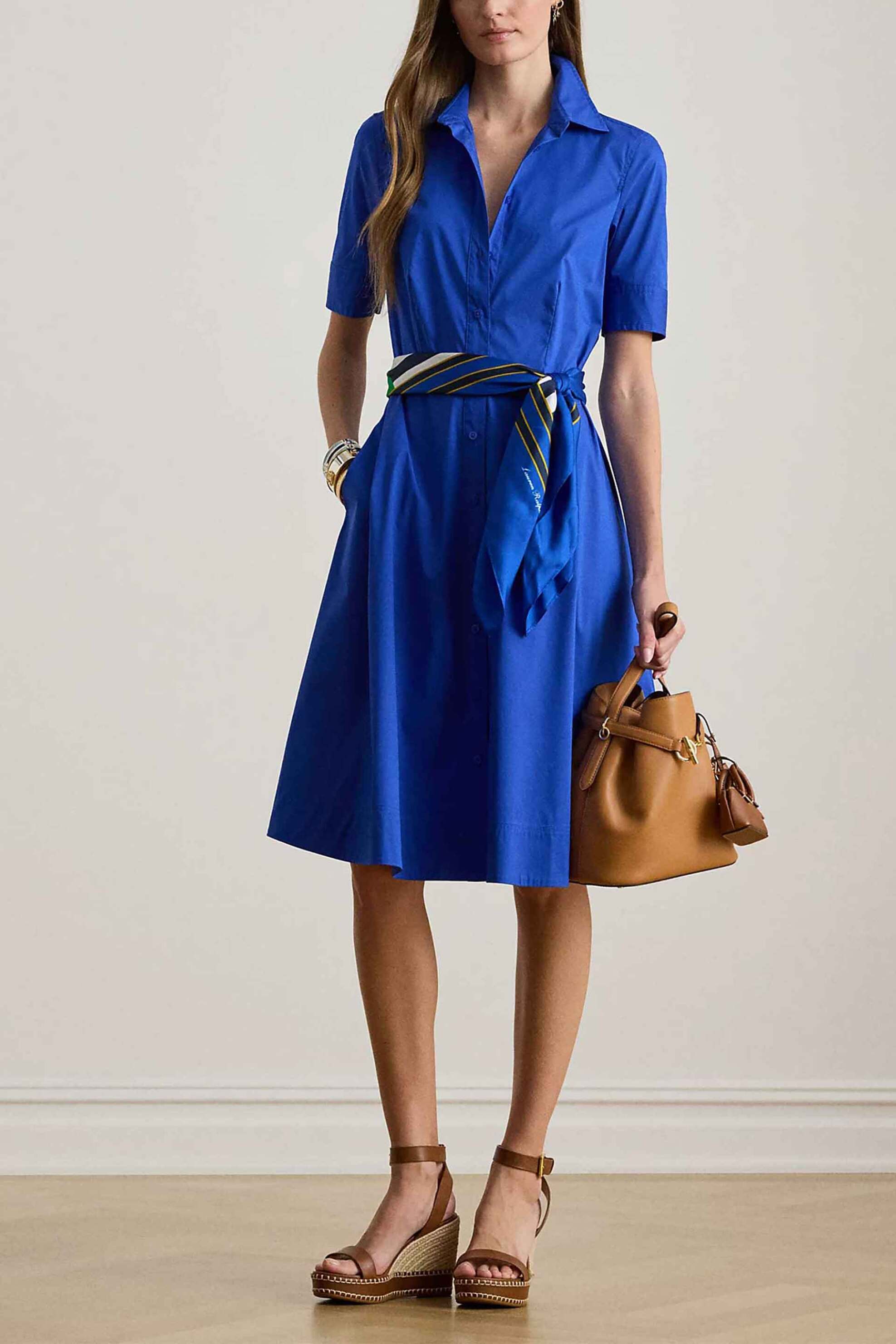 Lauren Ralph Lauren γυναικείο midi φόρεμα σεμιζιέ με ζώνη Fit & Flared - 200748950020 Μπλε