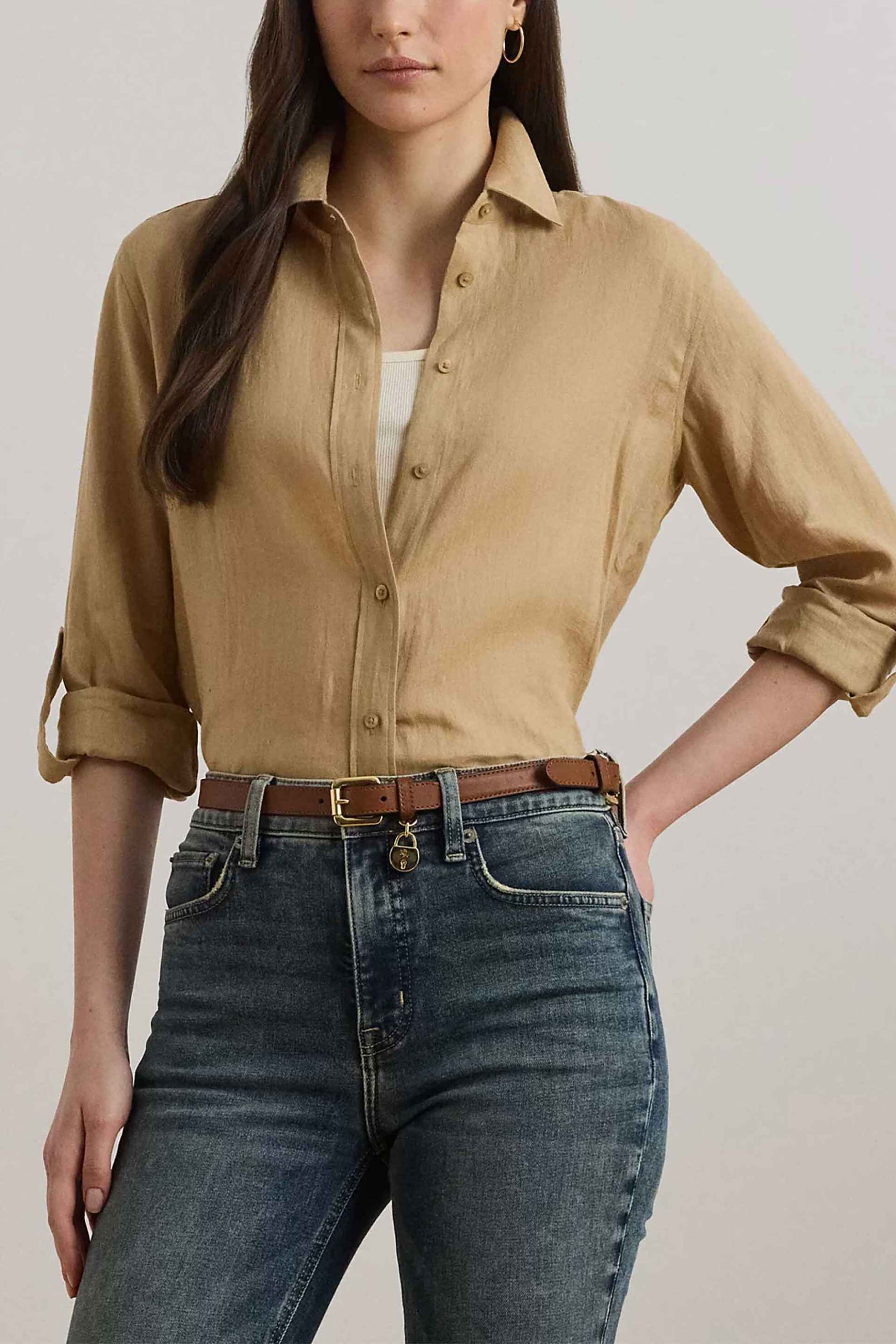 LAUREN RALPH LAUREN Lauren Ralph Lauren γυναικείο λινό πουκάμισο με μανίκι roll-up Relaxed Fit - 200782777060 Μπεζ 2025