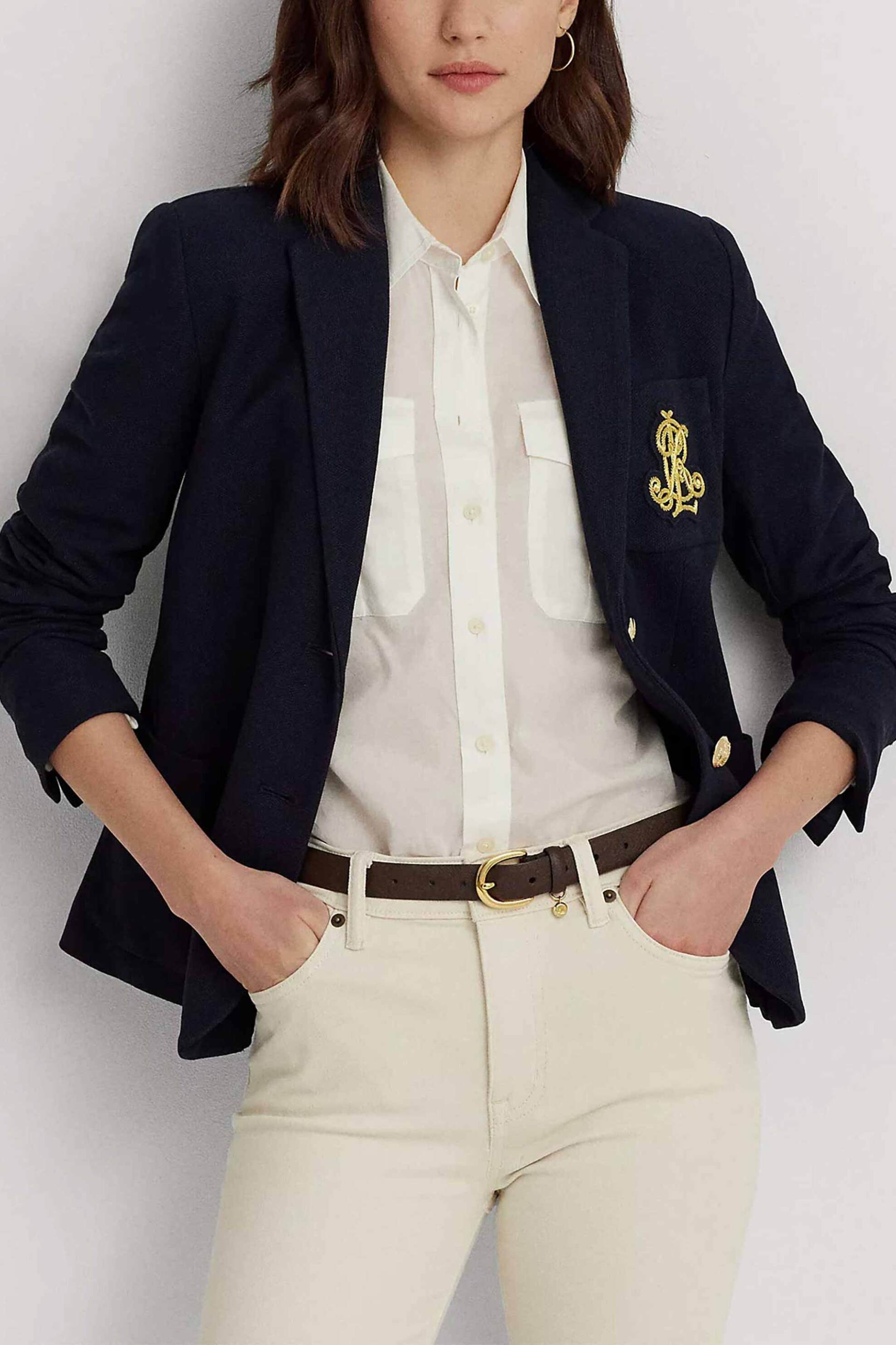 LAUREN RALPH LAUREN Lauren Ralph Lauren γυναικείο σακάκι μονόχρωμο βαμβακερό με τσέπες και κεντημένο μονόγραμμα - 200797305005 Σκούρο Μπλε 2025