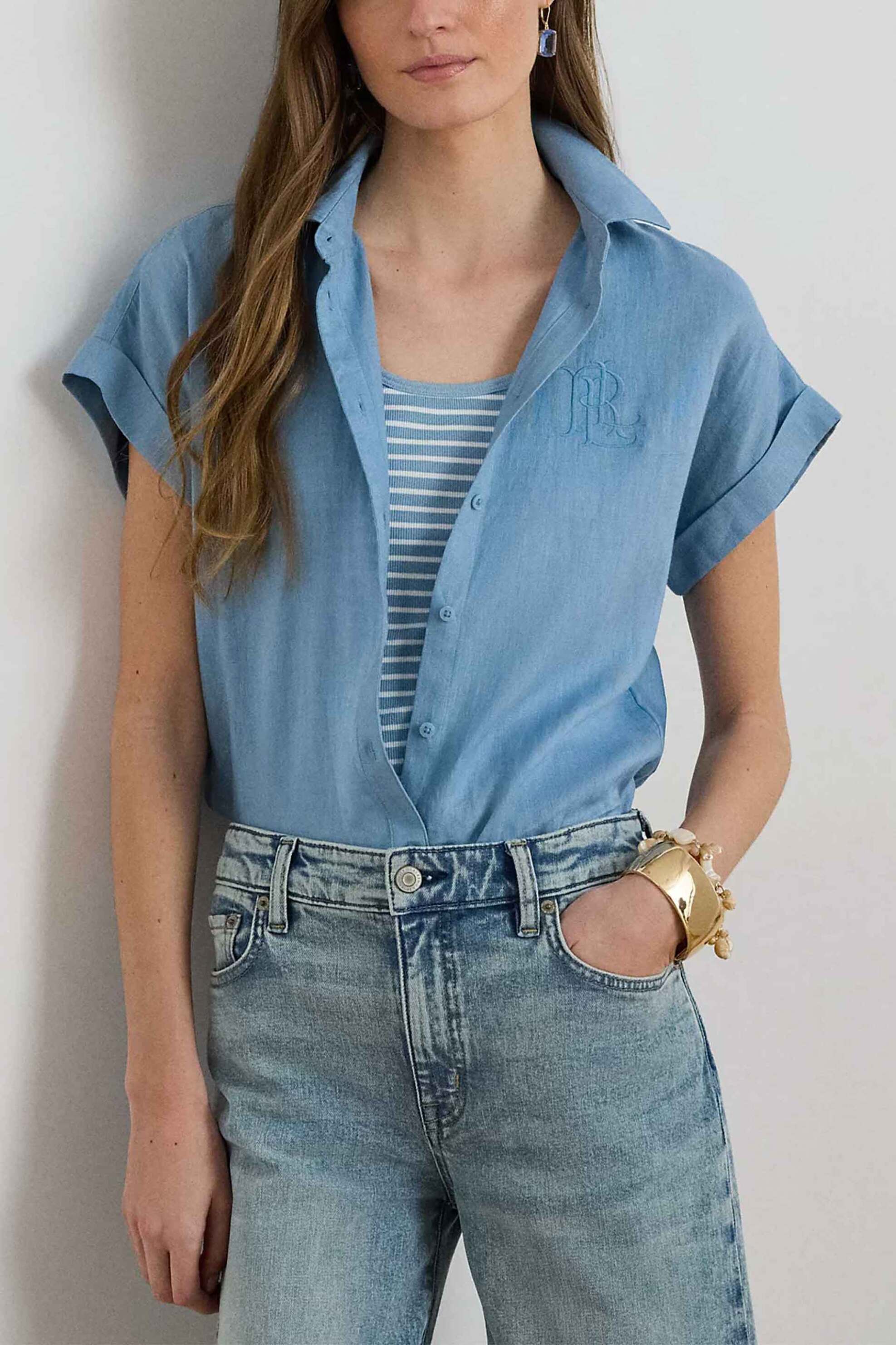 Lauren Ralph Lauren γυναικείο λινό πουκάμισο με κεντημένο monogram Relaxed Fit - 200874259011 Μπλε Ανοιχτό