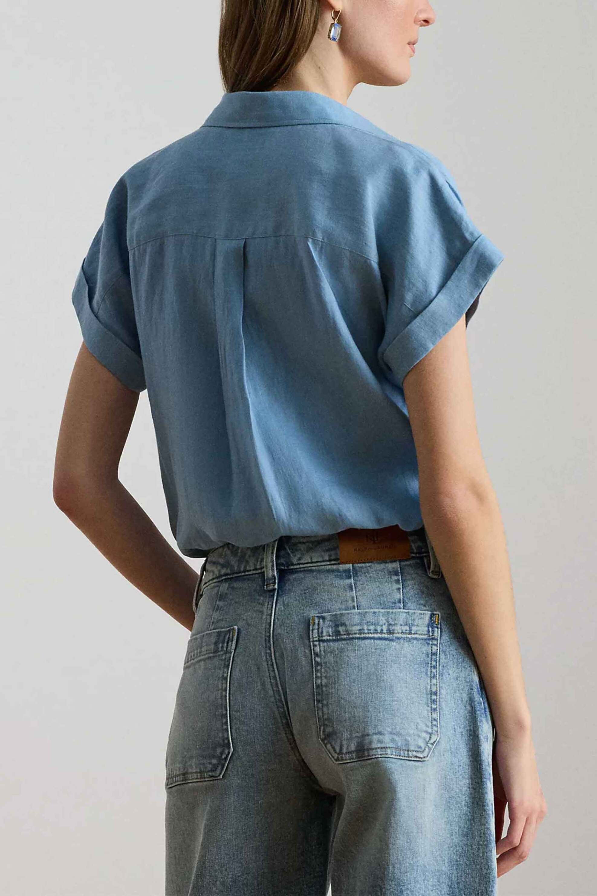 Lauren Ralph Γυναικείο Λινό Πουκάμισο με Κεντημένο Monogram Relaxed Fit - 200874259011 Μπλε Ανοιχτό