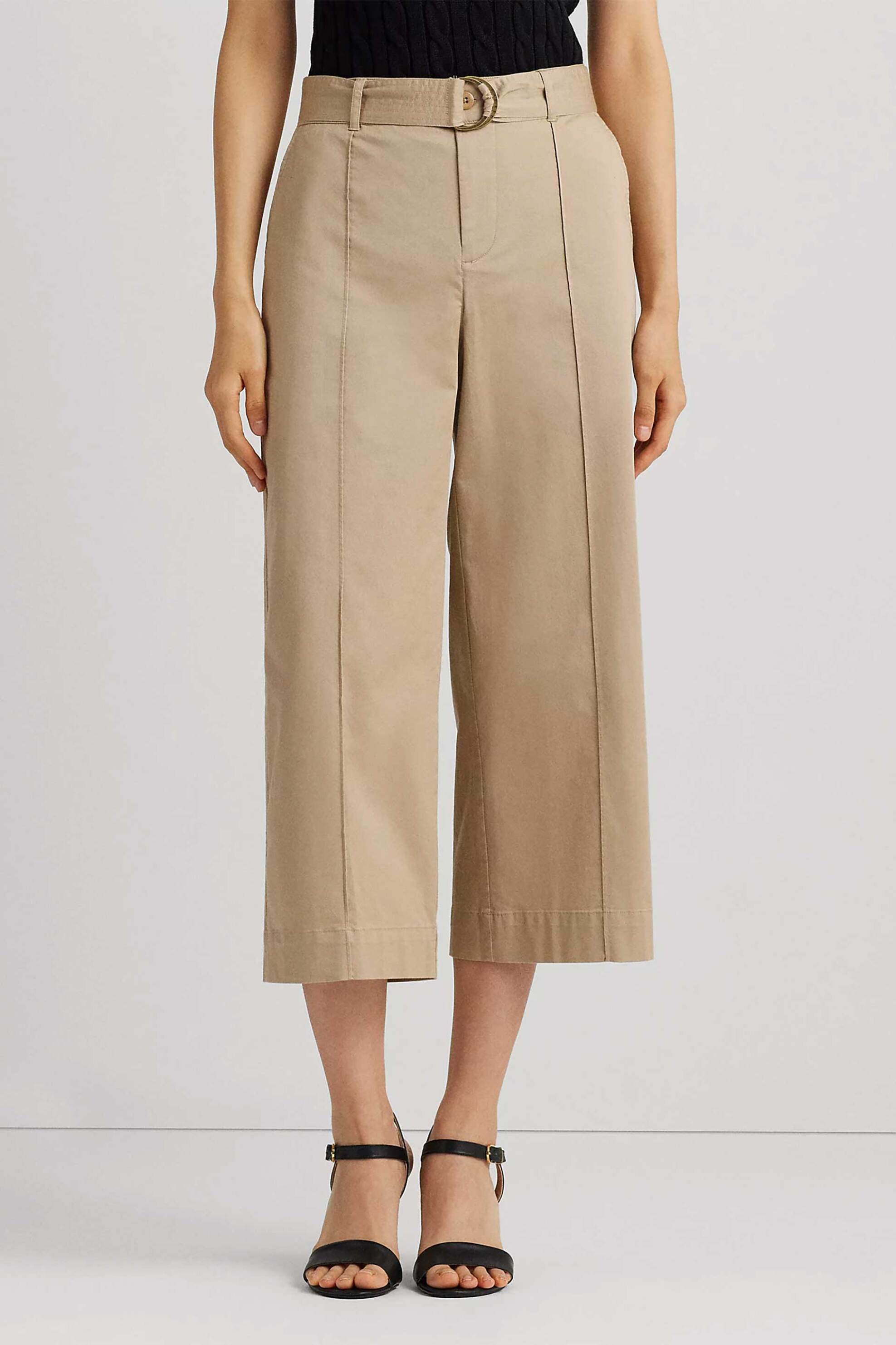 Lauren Ralph Lauren γυναικείο παντελόνι βαμβακερό cropped με ασορτί αποσπώμενη ζώνη - 200876606004 Μπεζ φωτογραφία